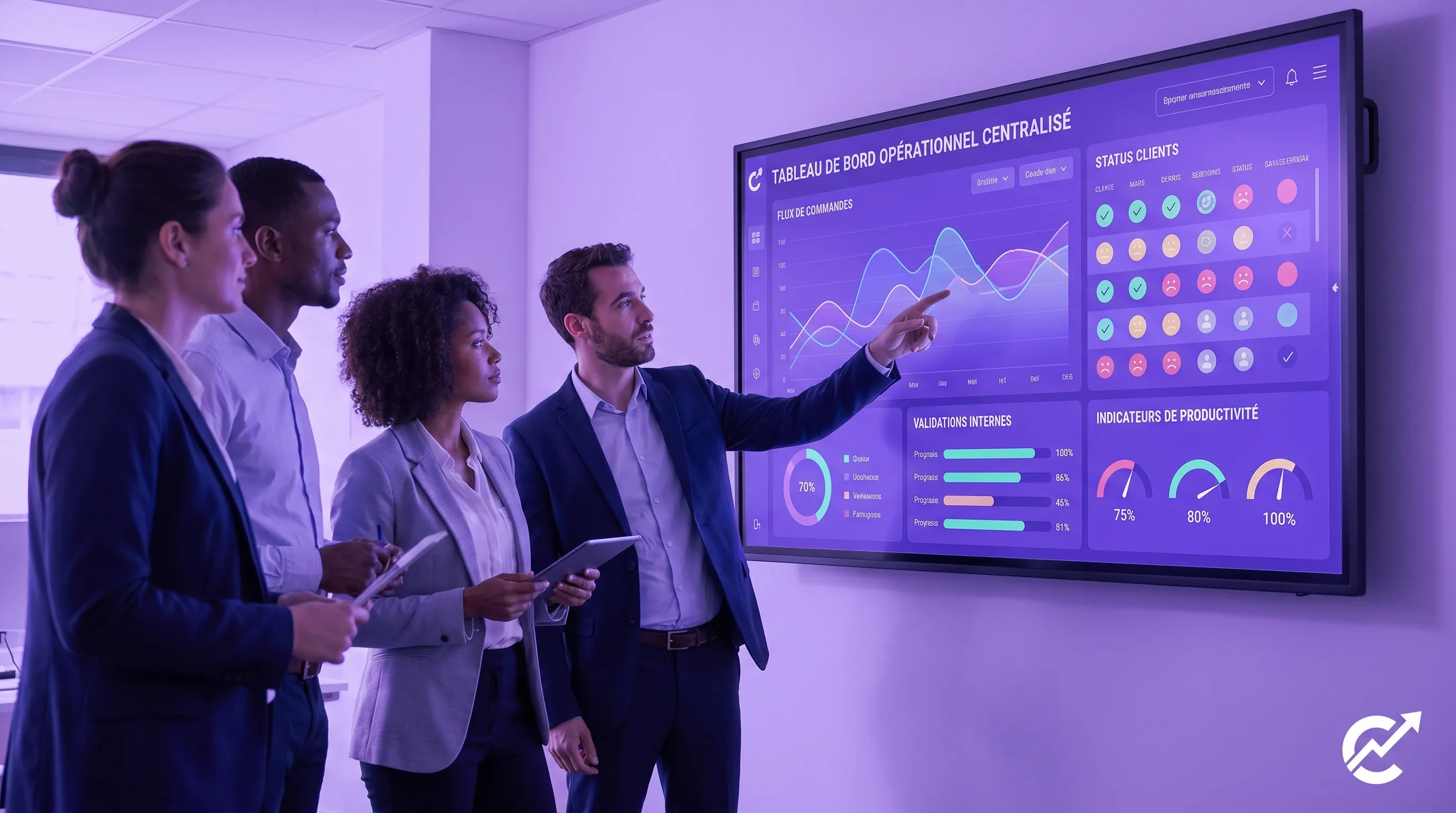 A management team observes a centralized operational dashboard displaying order flows, client statuses, internal validations, and productivity metrics.