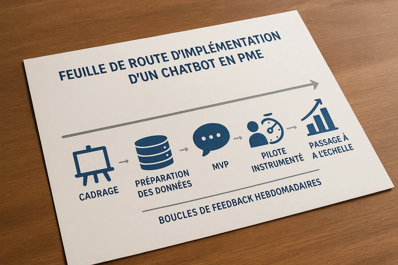 Feuille de route d’implémentation d’un chat bot en PME avec 5 étapes, cadrage, préparation des données, MVP, pilote instrumenté, passage à l’échelle, et boucles de feedback hebdomadaires.