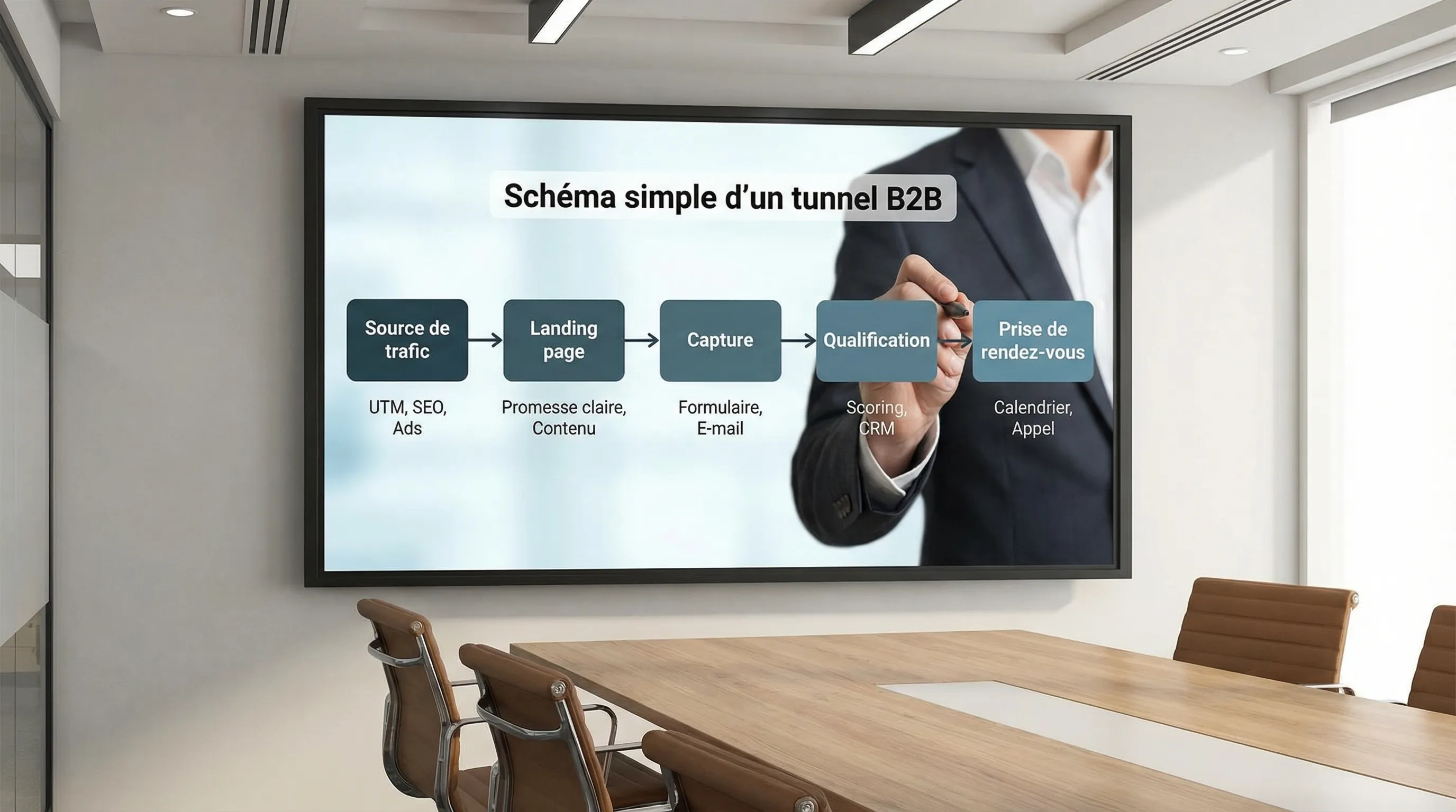 Schéma simple d’un tunnel B2B en 5 blocs, de gauche à droite: Source de trafic, Landing page, Capture, Qualification, Prise de rendez-vous. Sous chaque bloc, quelques éléments: UTM, promesse, formulaire, scoring, calendrier.