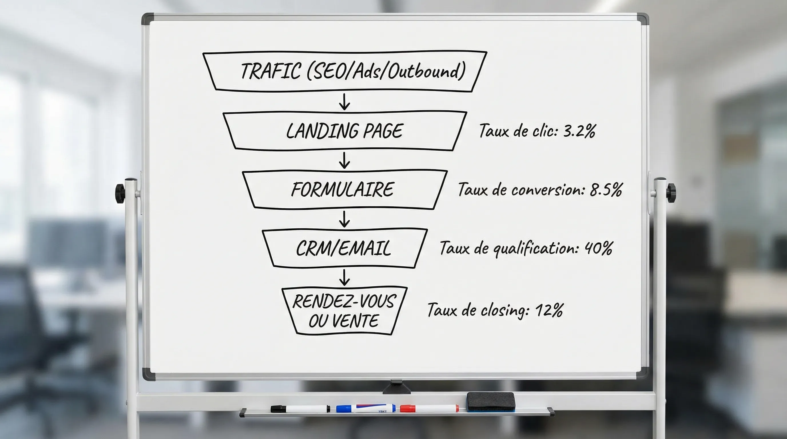 Simple diagram of a minimum viable funnel in 4 connected blocks: traffic (SEO/Ads/outbound) to landing page, then form, then CRM/email, then appointment or sale. Each block displays a key KPI: click-through rate, conversion rate, qualification rate, closing rate.