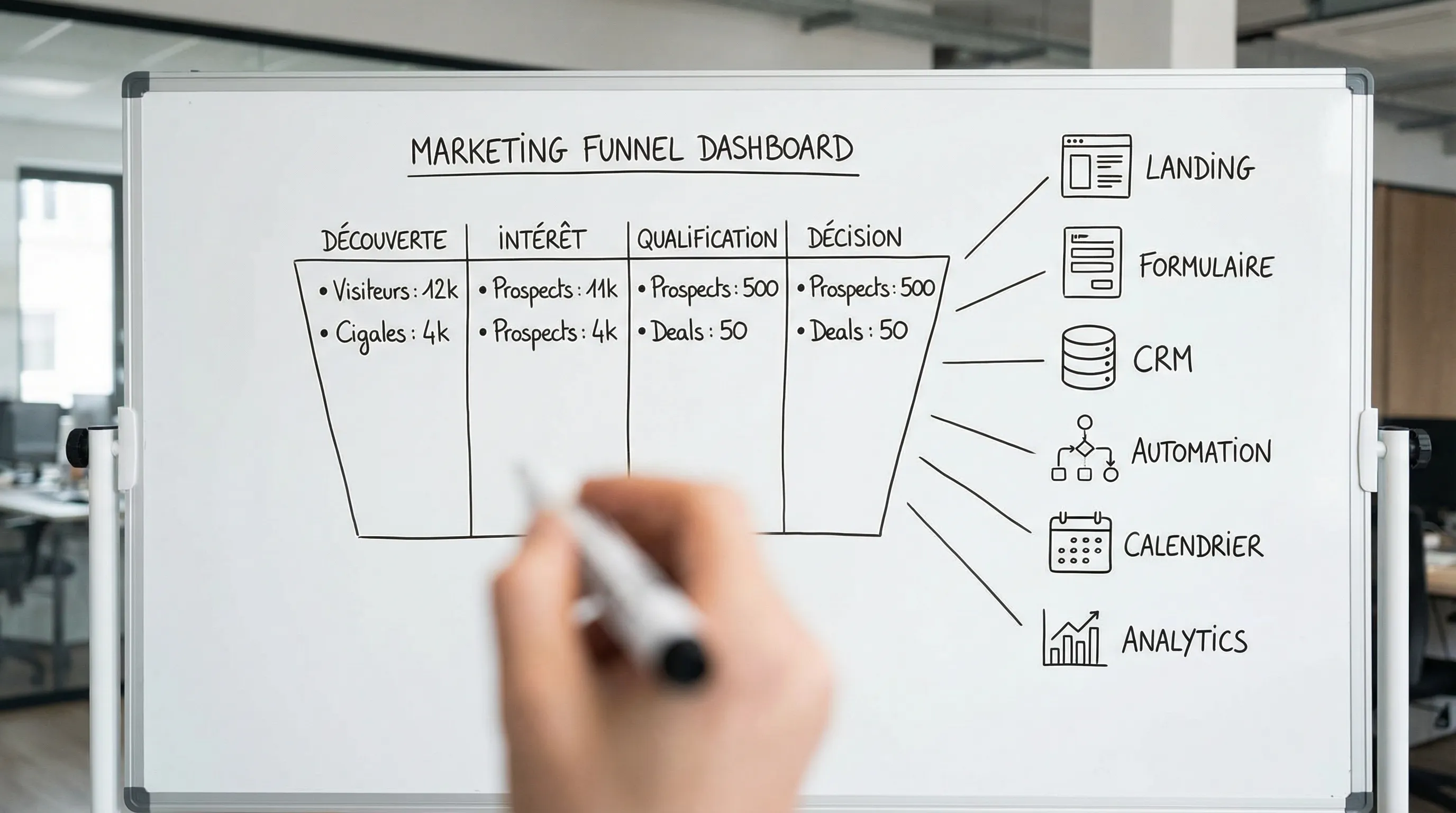 Illustration of a simple funnel dashboard with four columns (Discovery, Interest, Qualification, Decision) and three KPIs per column. Next to it, icons represent connected no-code tools (landing, form, CRM, automation, calendar, analytics).