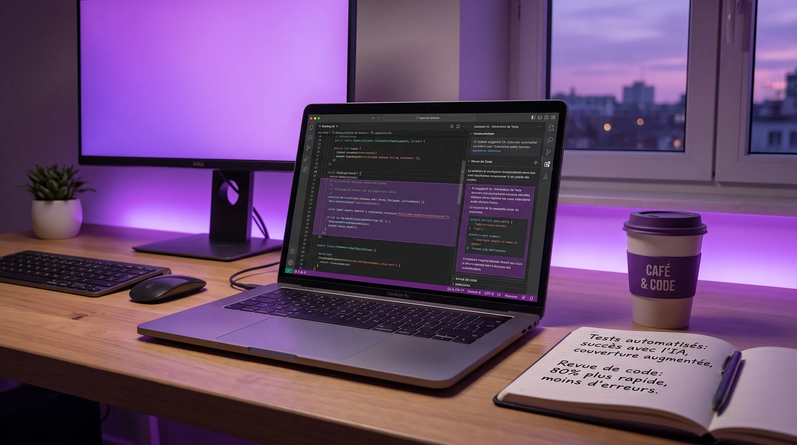Un poste de travail de développeur avec un ordinateur portable ouvert face à l’utilisateur, un éditeur de code affiché dans le bon sens, des notes de tests automatisés sur un carnet et une tasse de café sur le côté. L’image évoque l’usage de l’IA pour accélérer l’écriture de tests et la revue de code.