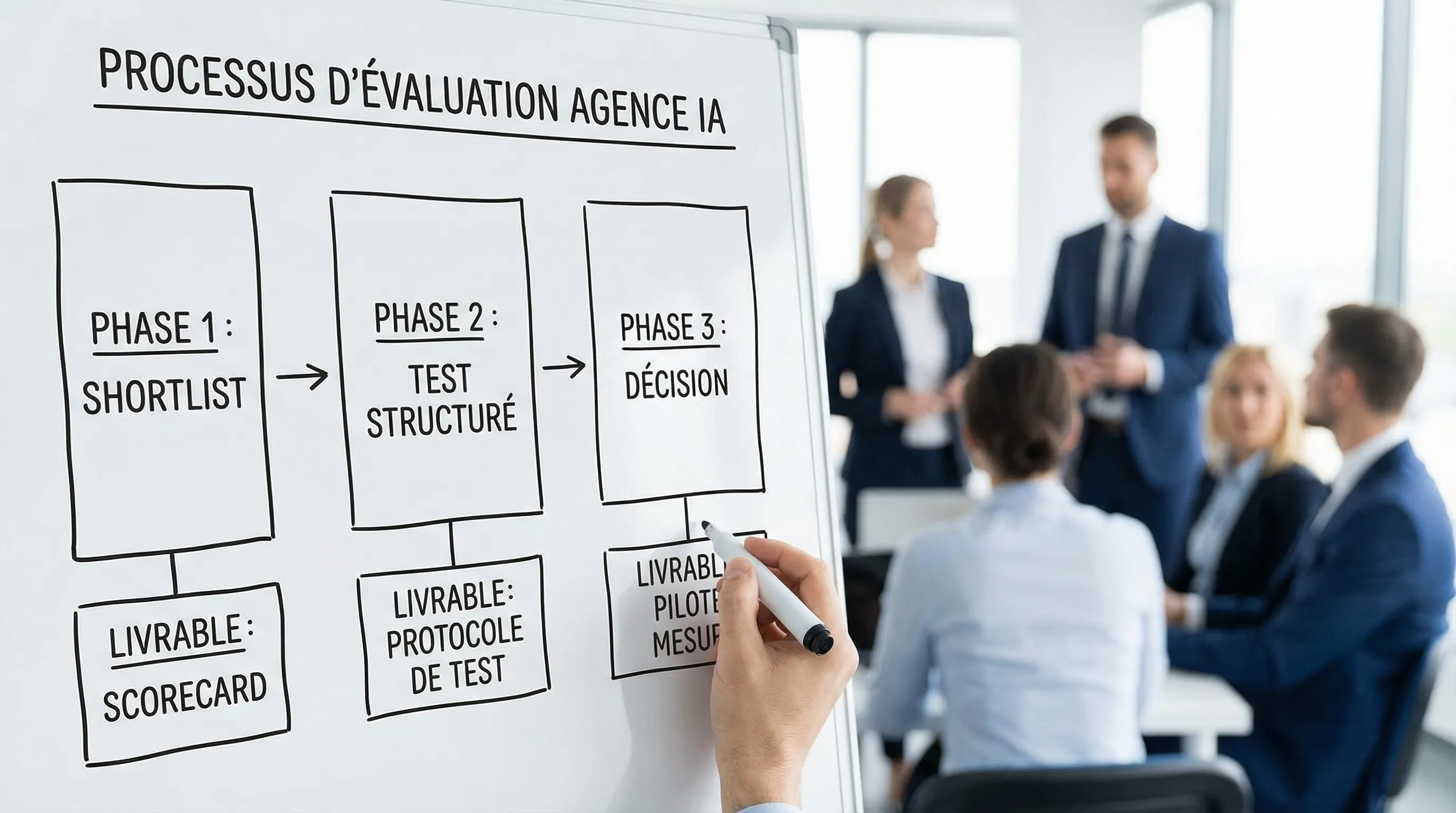 Schéma simple d’un processus d’évaluation d’agence IA en trois phases (shortlist, test structuré, décision) avec des livrables à chaque étape : scorecard, protocole de test, pilote mesuré.