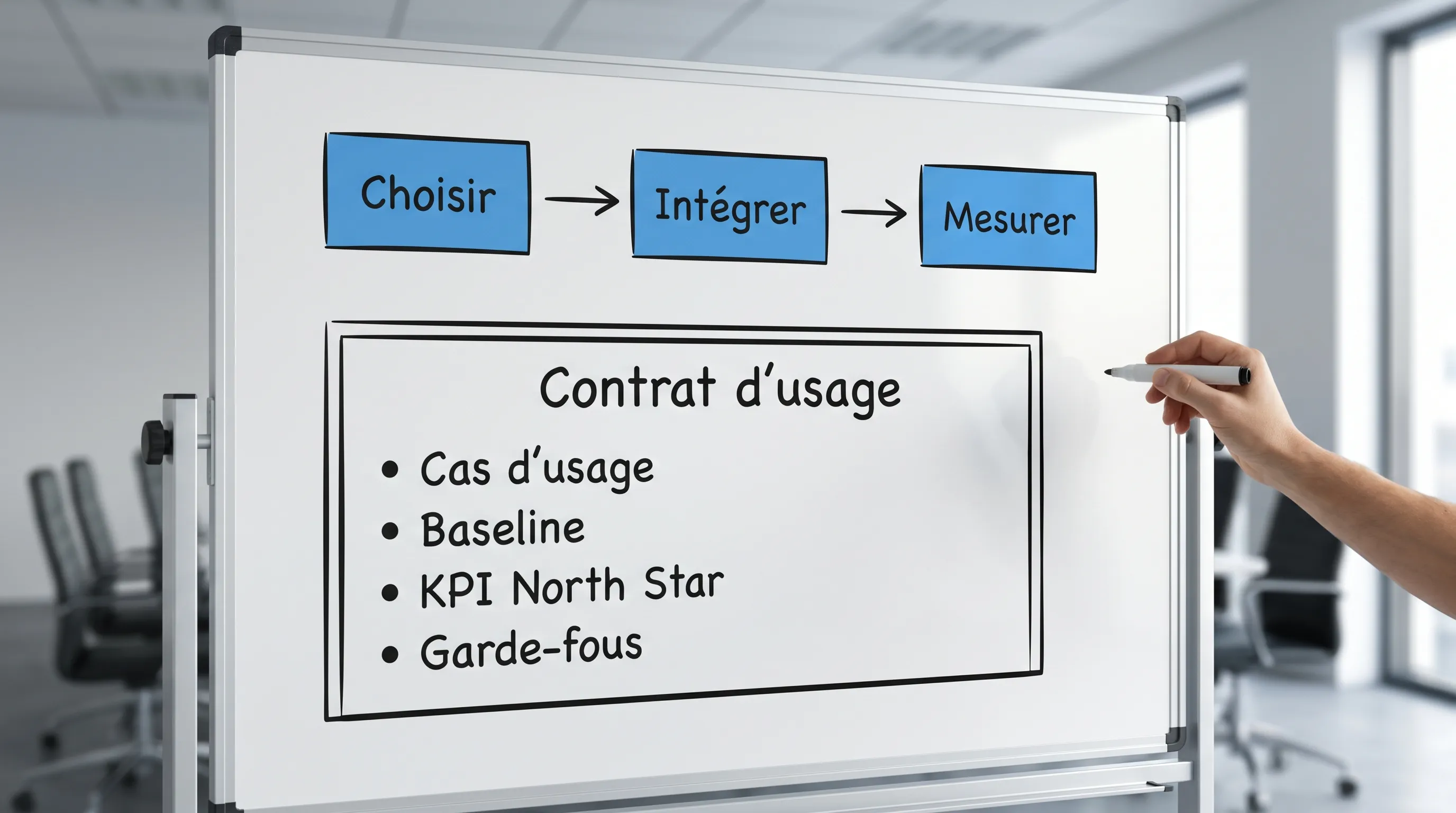 Schéma en trois blocs “Choisir, Intégrer, Mesurer” avec en dessous un encadré “Contrat d’usage” listant : cas d’usage, baseline, KPI North Star, garde-fous.