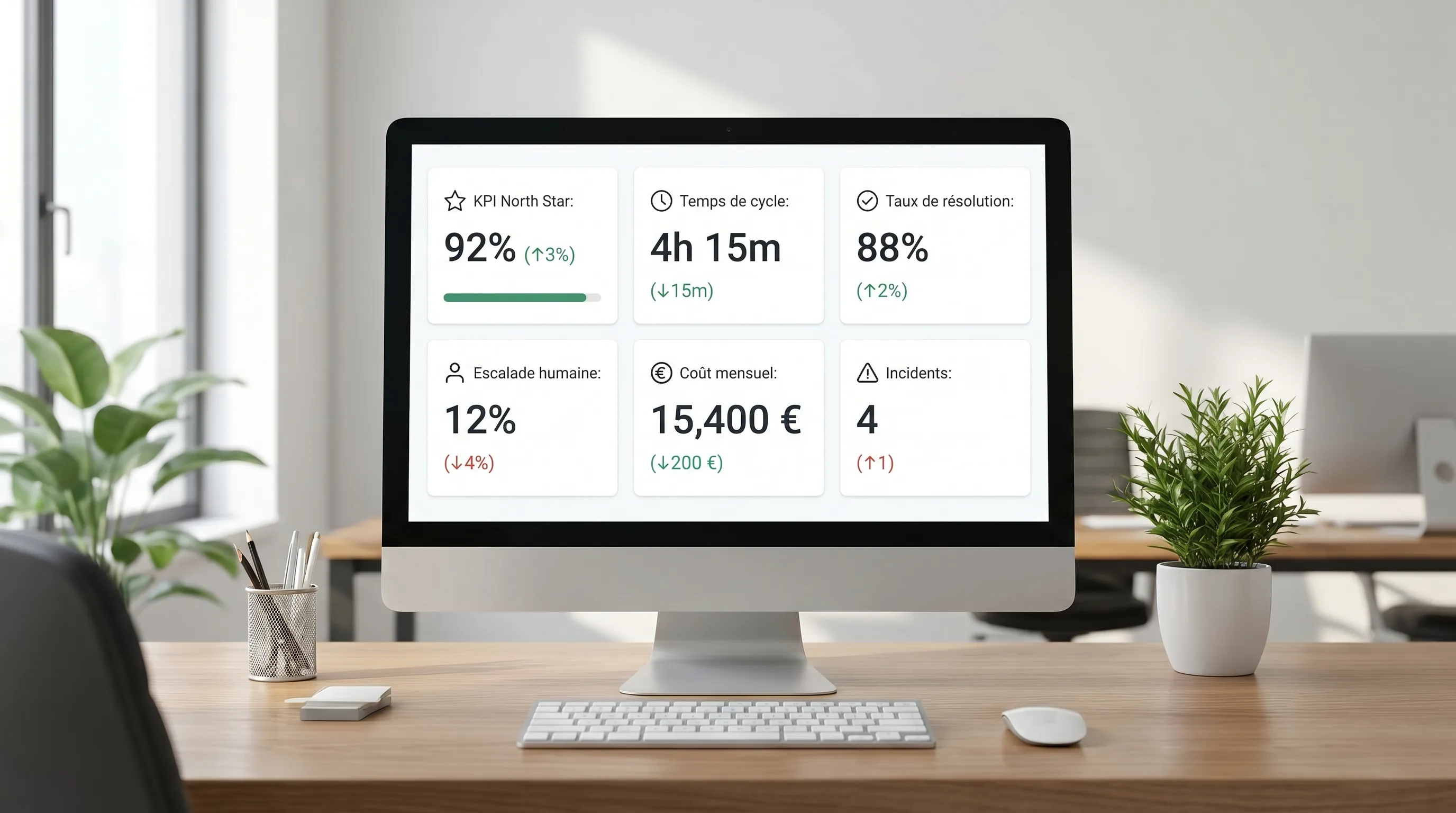 Illustration d’un tableau de bord KPI minimal avec 6 tuiles : KPI North Star, temps de cycle, taux de résolution, escalade humaine, coût mensuel, incidents.