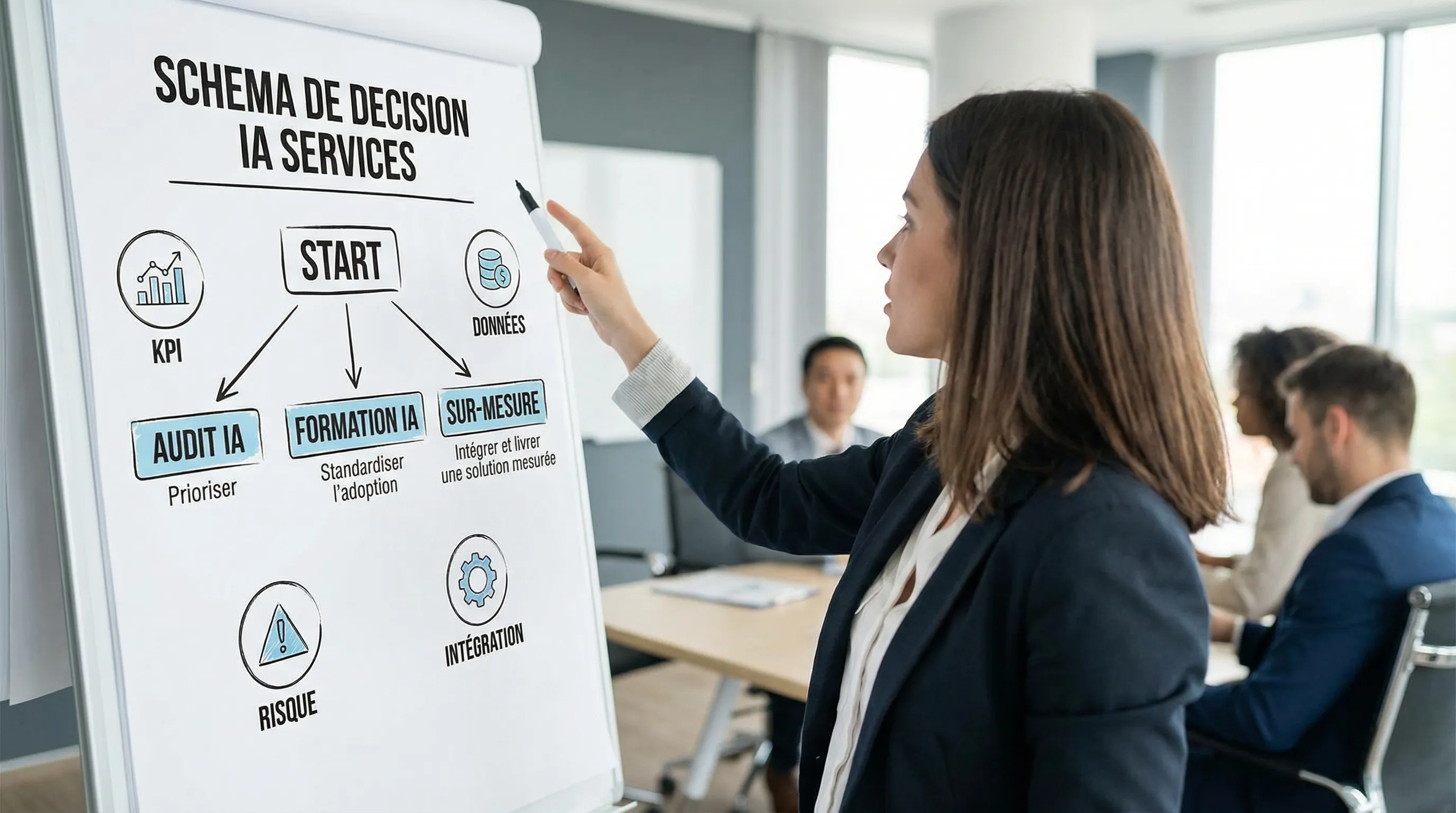 Simple decision diagram showing three paths for choosing AI services: AI audit to prioritize, AI training to standardize adoption, and custom development to integrate and deliver a measured solution, with four criteria around (KPI, data, risk, integration).