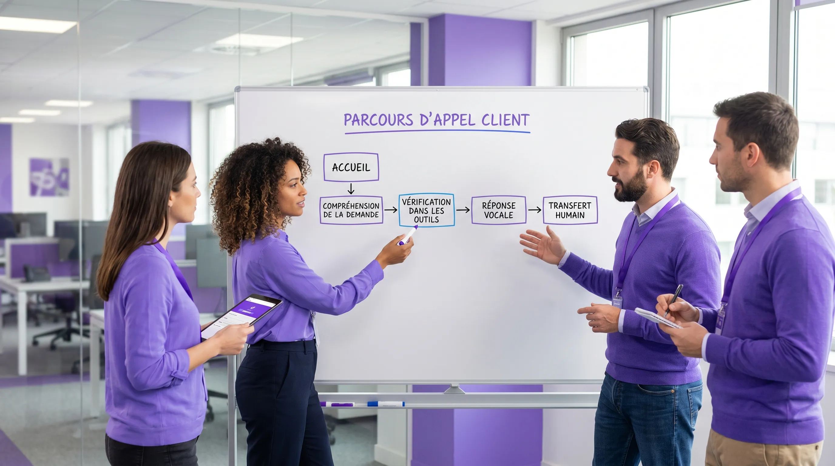Une équipe métier et technique analyse un parcours d’appel client sur un tableau, avec des étapes comme accueil, compréhension de la demande, vérification dans les outils, réponse vocale et transfert humain.