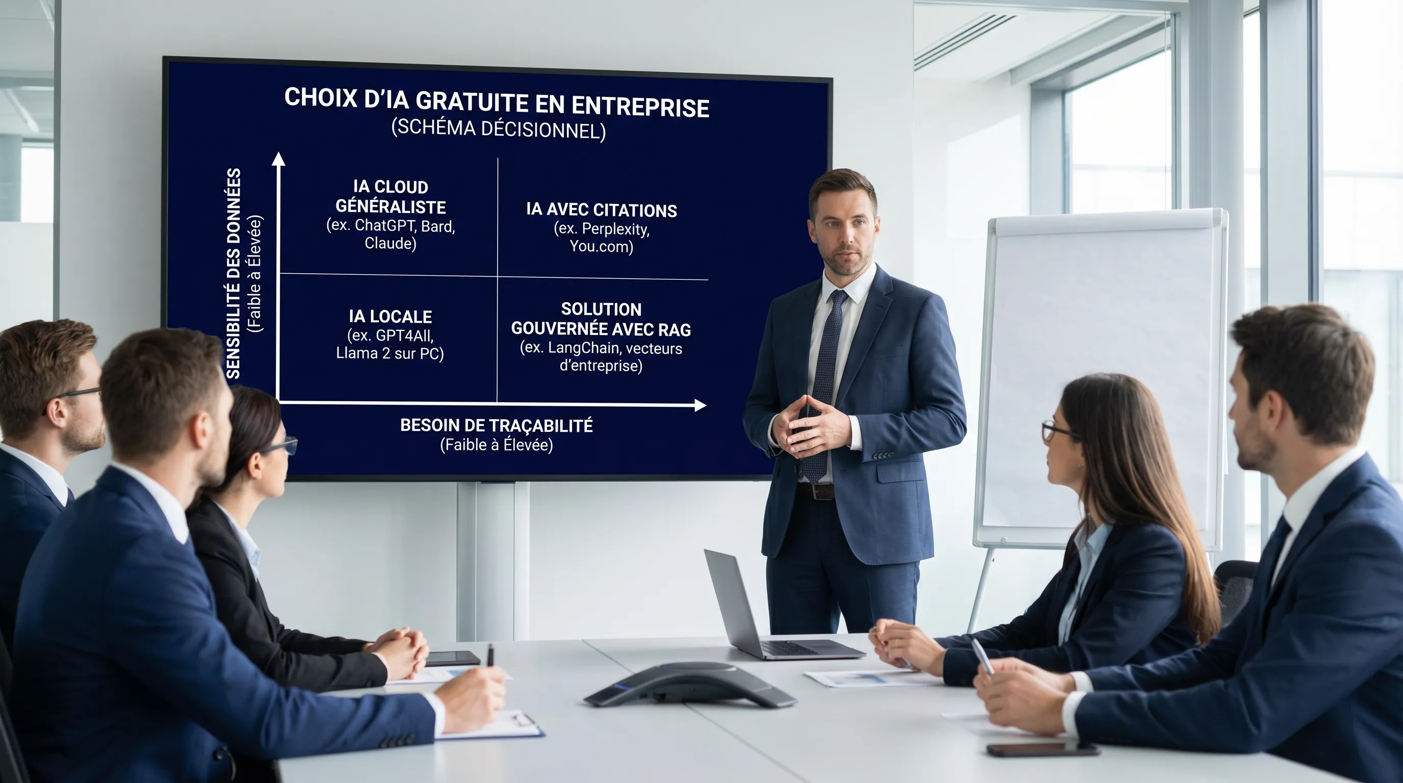 Simple decision tree for choosing a free AI in business, based on two axes: data sensitivity (low to high) and need for traceability (low to high), with 4 recommendations: generalist cloud AI, AI with citations, local AI, or governed solution with RAG.