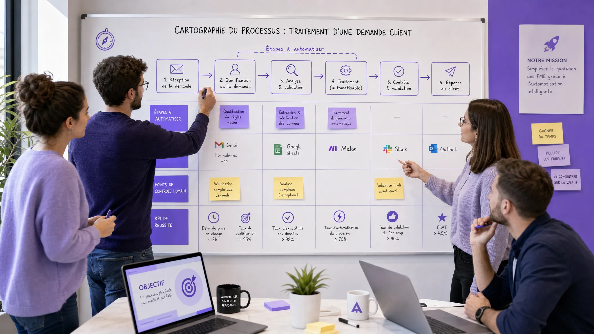 Une équipe PME cartographie un processus métier sur un tableau avec les étapes à automatiser, les outils existants, les points de contrôle humain et les KPI de réussite.
