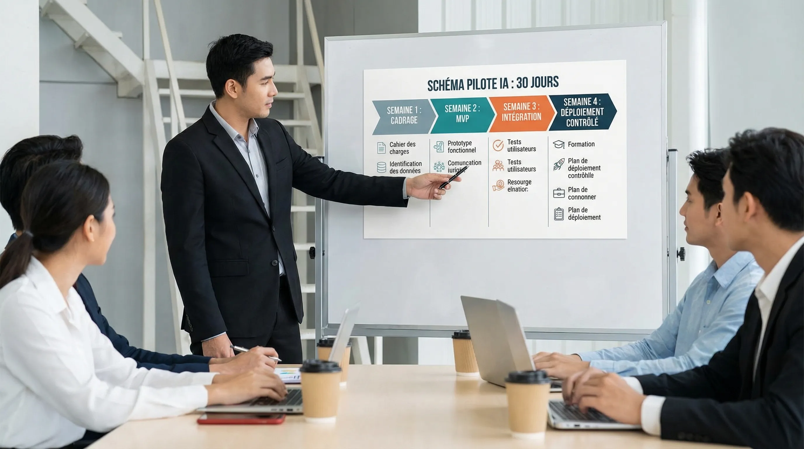 Simple diagram of a 30-day AI pilot, with 4 weeks aligned on scoping, MVP, integration and controlled deployment, and key deliverables under each week.