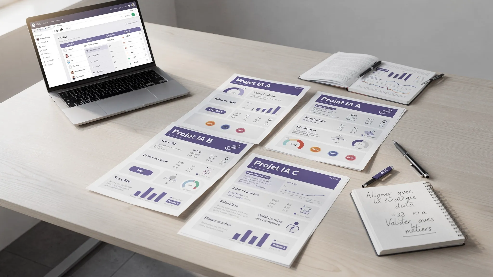 A workbench with several AI project cards sorted by ROI score, business value, feasibility, risk, and implementation time.