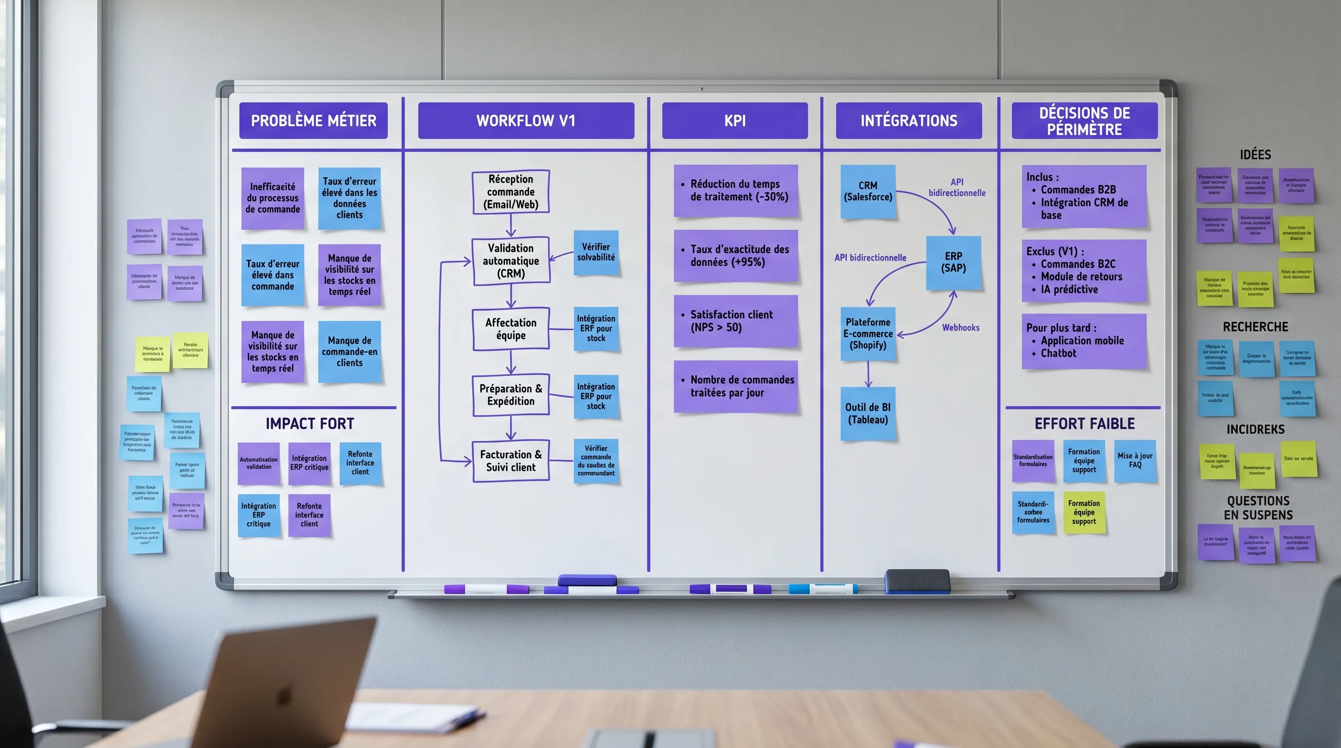 Un tableau de cadrage produit vu en légère plongée, avec les colonnes problème métier, workflow V1, KPI, intégrations et décisions de périmètre clairement organisées, et quelques post-its placés autour pour montrer les idées classées par impact et effort.