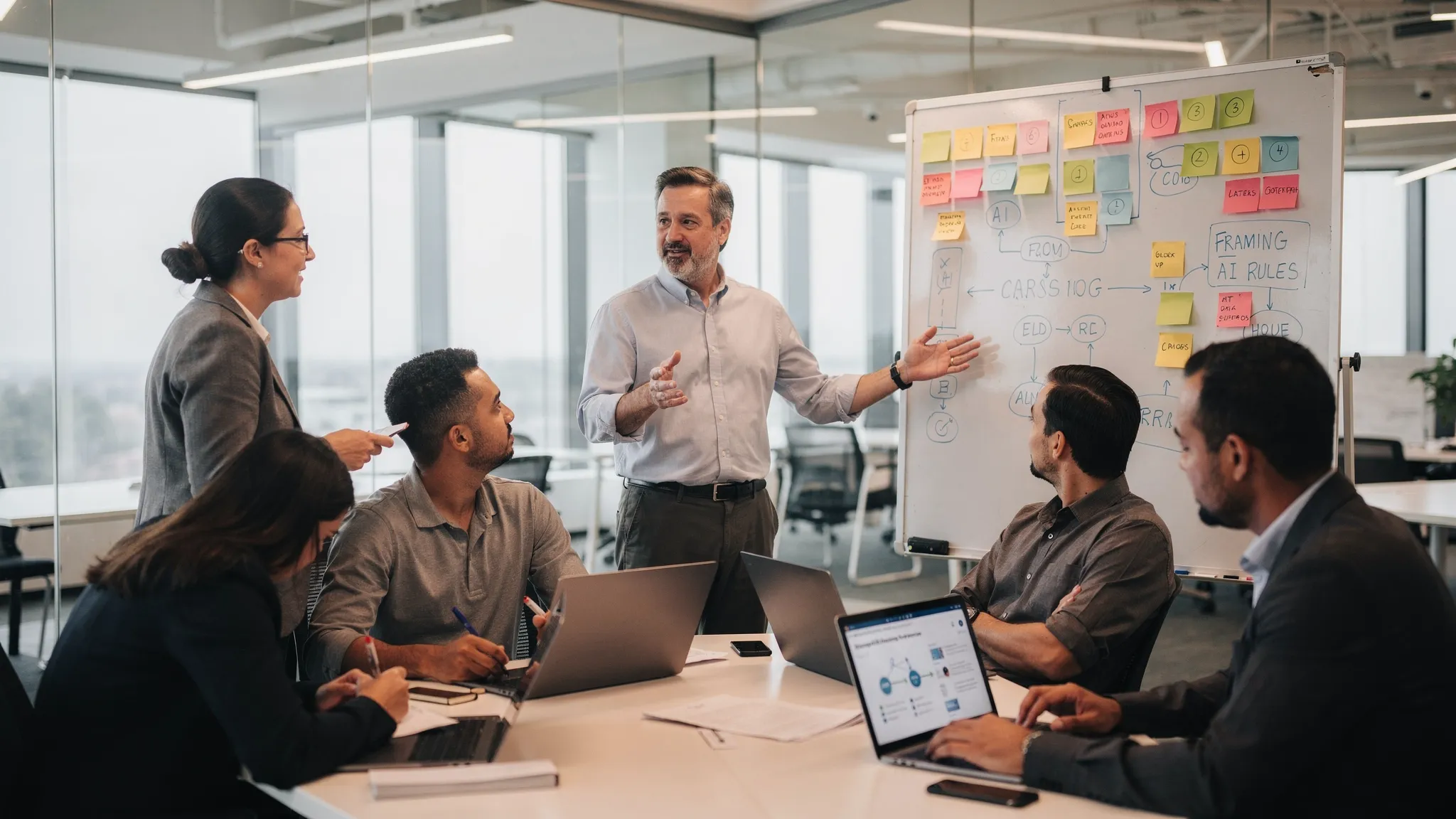 Corporate AI training workshop: a small team around a whiteboard with sticky notes, a trainer leads a scoping exercise for use cases and data rules, modern office atmosphere.