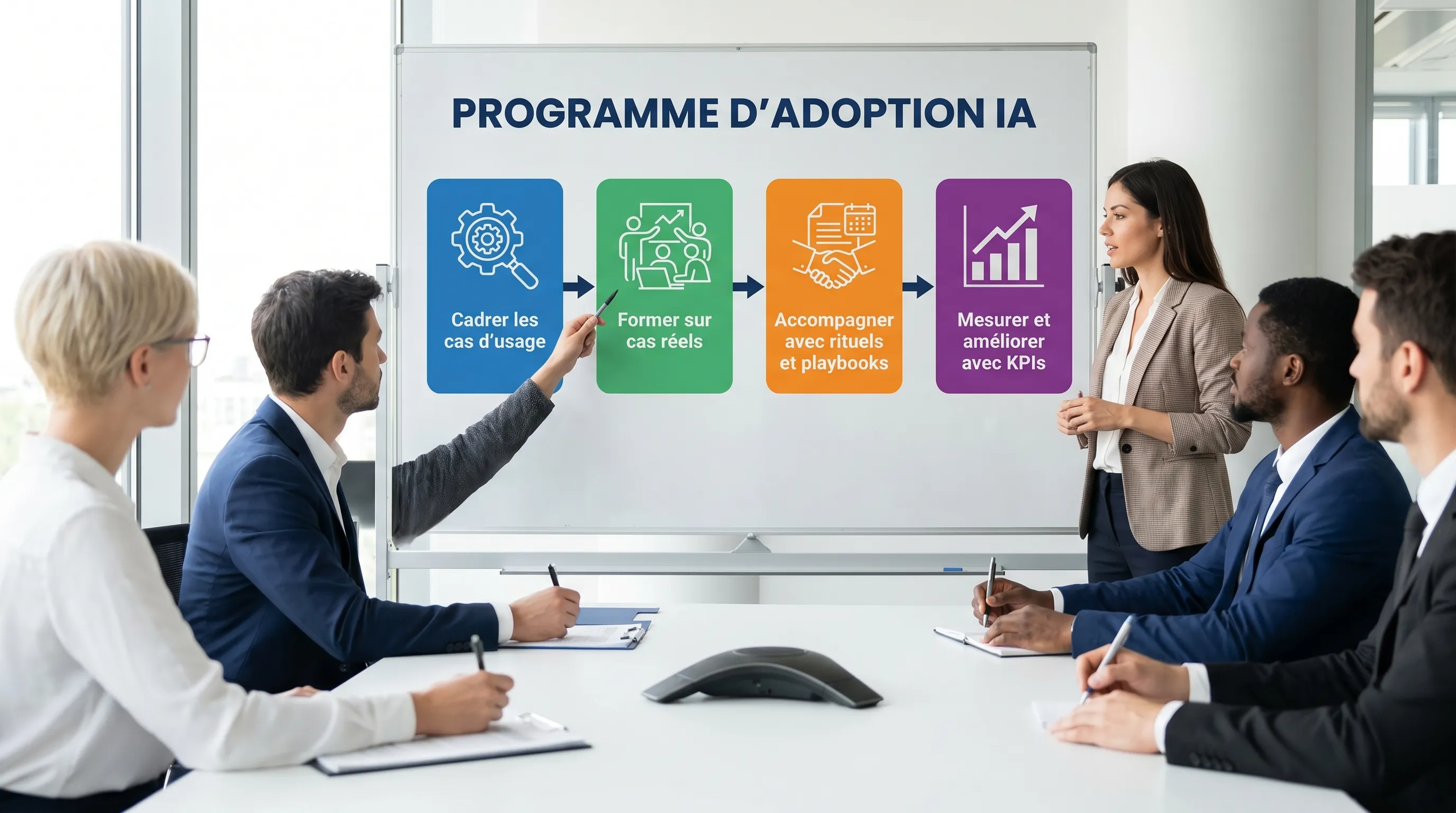Simple 4-block diagram showing an AI adoption program: Scope use cases, Train on real cases, Support with rituals and playbooks, Measure and improve with KPIs.