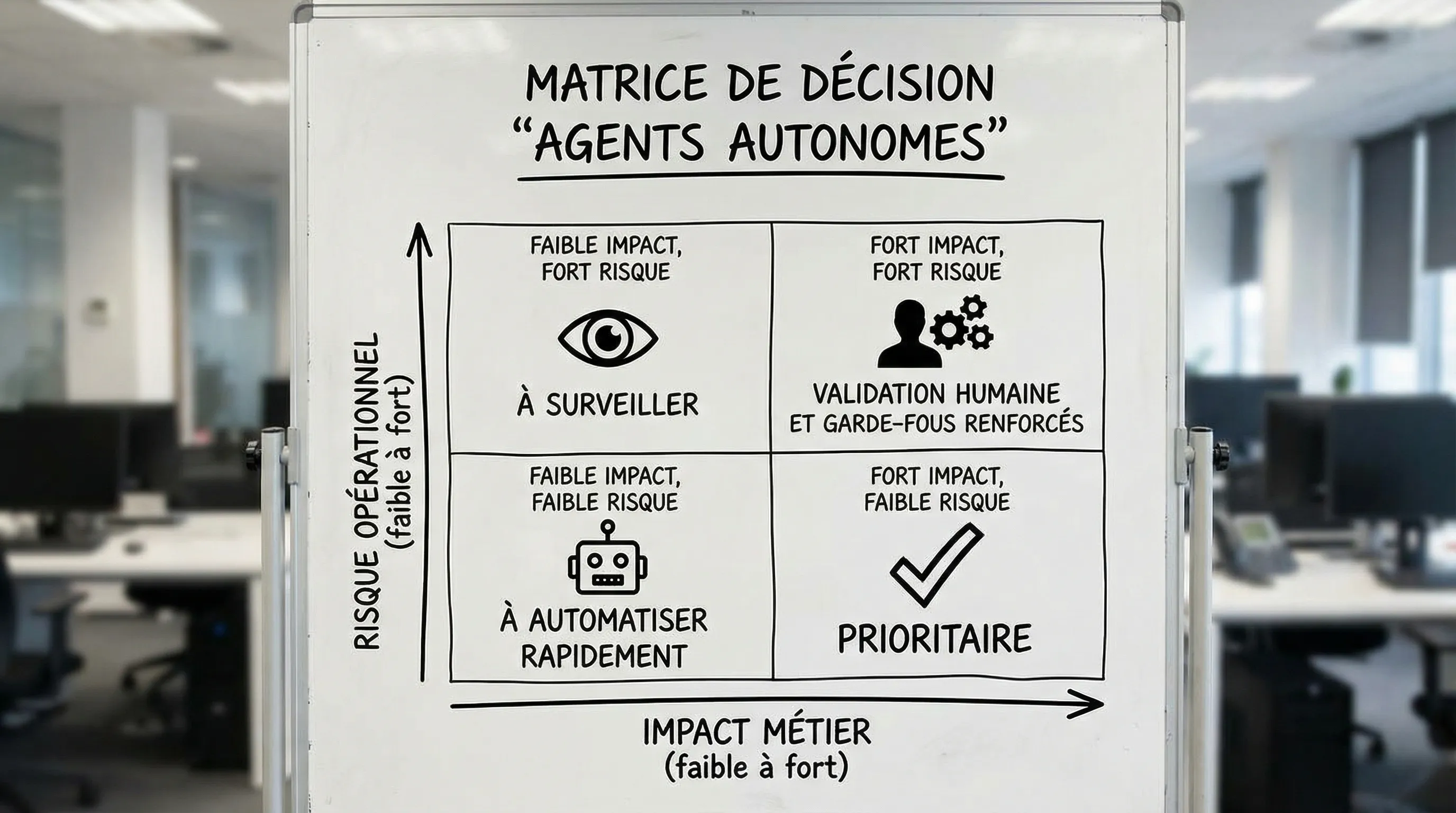 “Autonomous agents” decision matrix: a 2x2 graph with business impact (low to high) on the horizontal axis and operational risk (low to high) on the vertical axis. “High impact, low risk” cases are priorities, “high impact, high risk” require human validation and reinforced guardrails.
