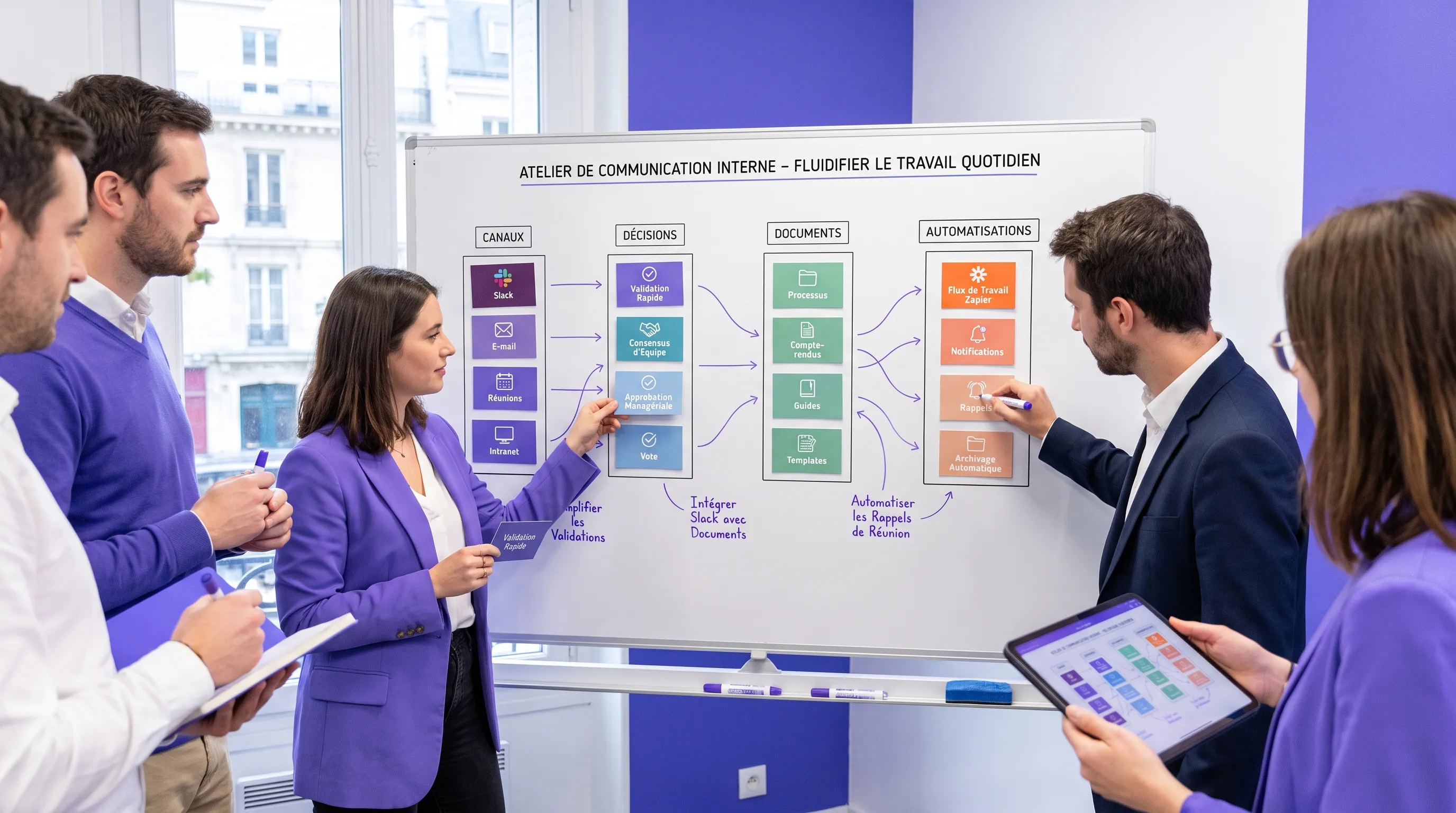 Une équipe de PME organise un atelier de communication interne autour d’un tableau blanc, avec des cartes représentant les canaux, les décisions, les documents et les automatisations nécessaires pour fluidifier le travail quotidien.