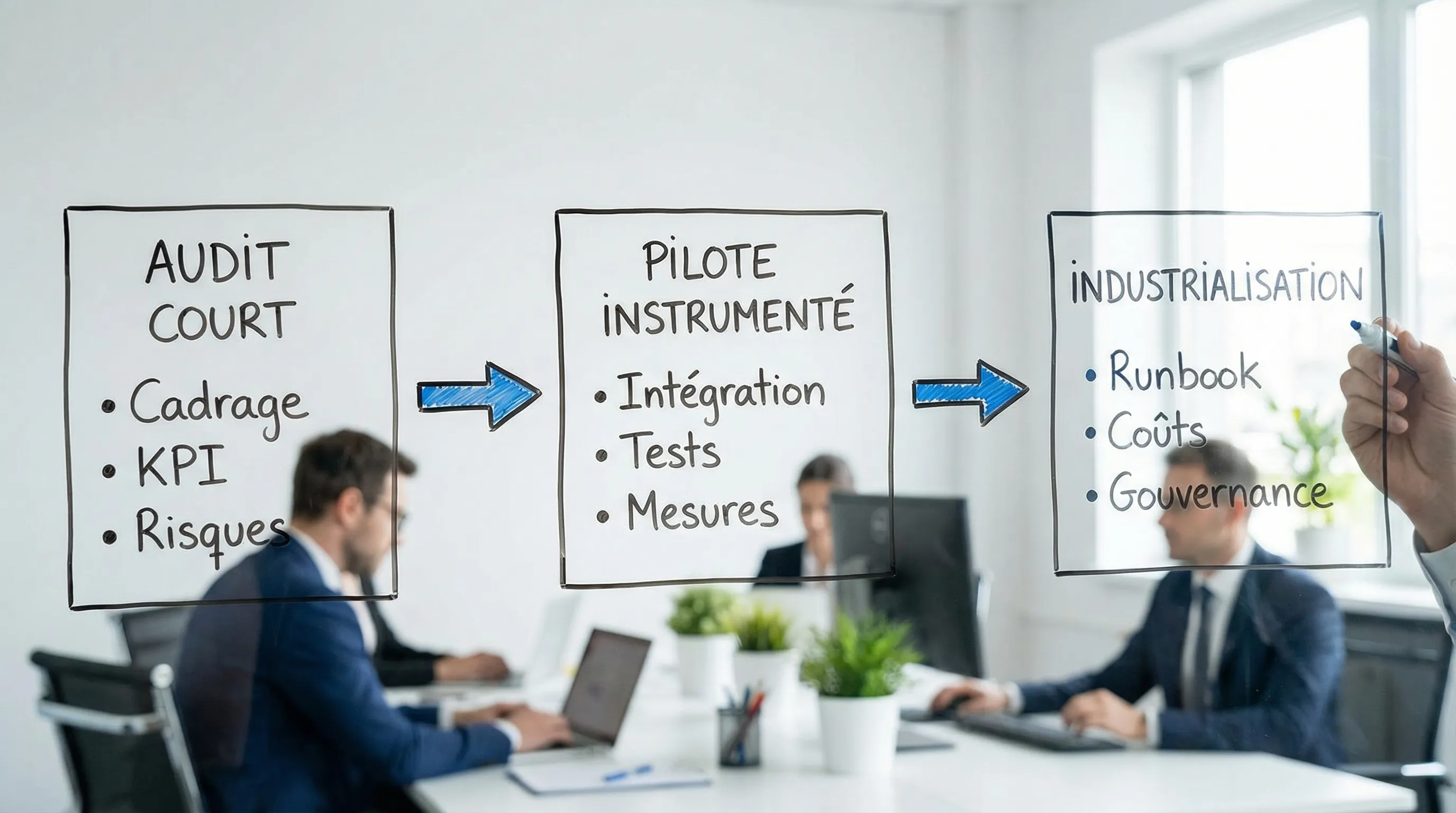 Schéma simple du parcours de sélection et delivery d’un projet IA en trois étapes, avec trois blocs reliés par des flèches : Audit court (cadrage, KPI, risques), Pilote instrumenté (intégration, tests, mesures), Industrialisation (runbook, coûts, gouvernance).