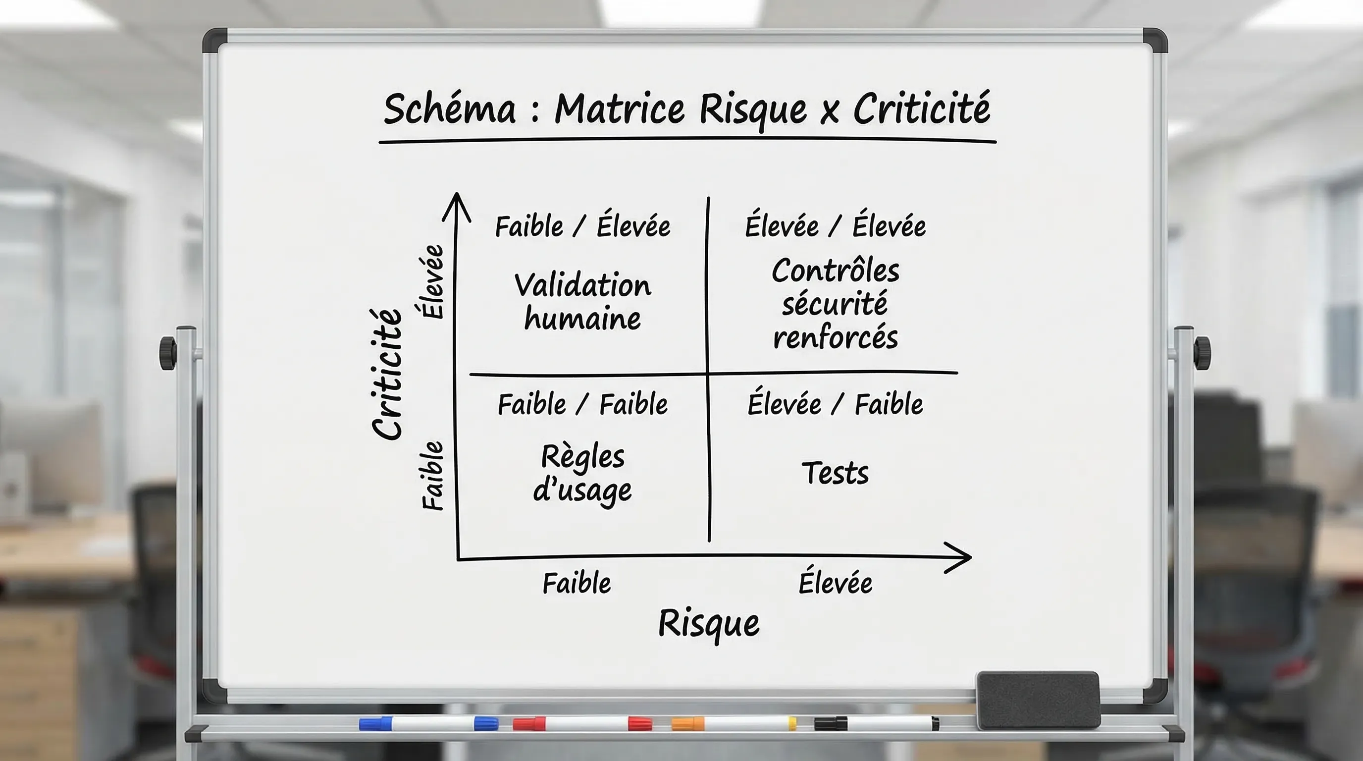 Schéma simple montrant une matrice “Risque x Criticité” avec 4 zones (faible/élevée) et, pour chaque zone, le niveau de contrôle recommandé : règles d’usage, tests, validation humaine, et contrôles sécurité renforcés.