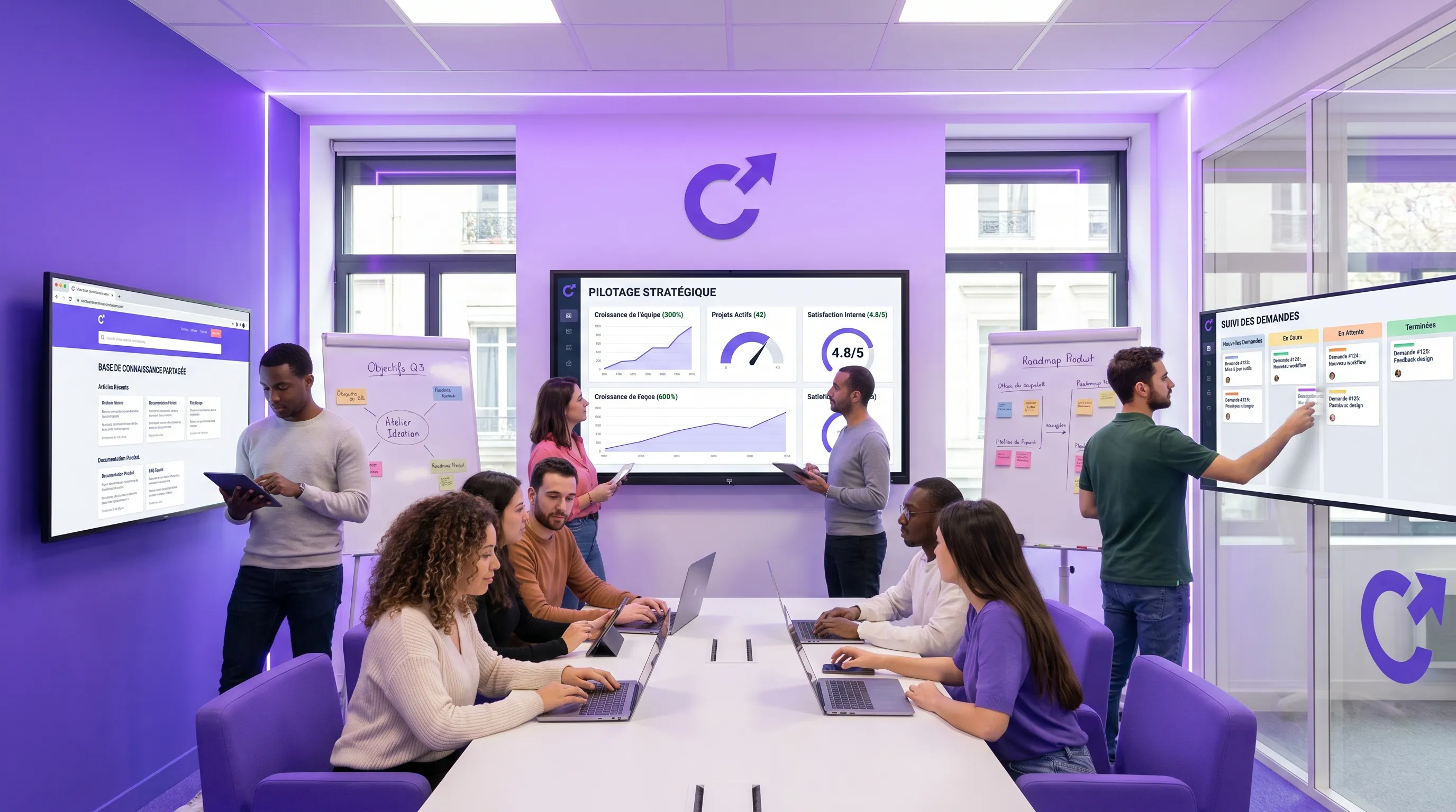A growing team organizes its internal tools around three complementary spaces: a shared knowledge base, a request tracking board, and a steering dashboard with simple indicators.