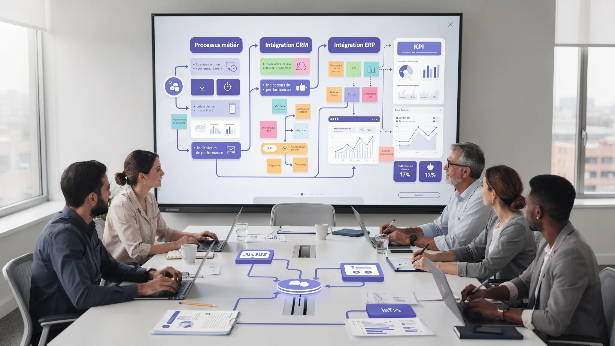 An SME team analyzes a custom software roadmap with cards representing business processes, CRM ERP integrations, and performance indicators.