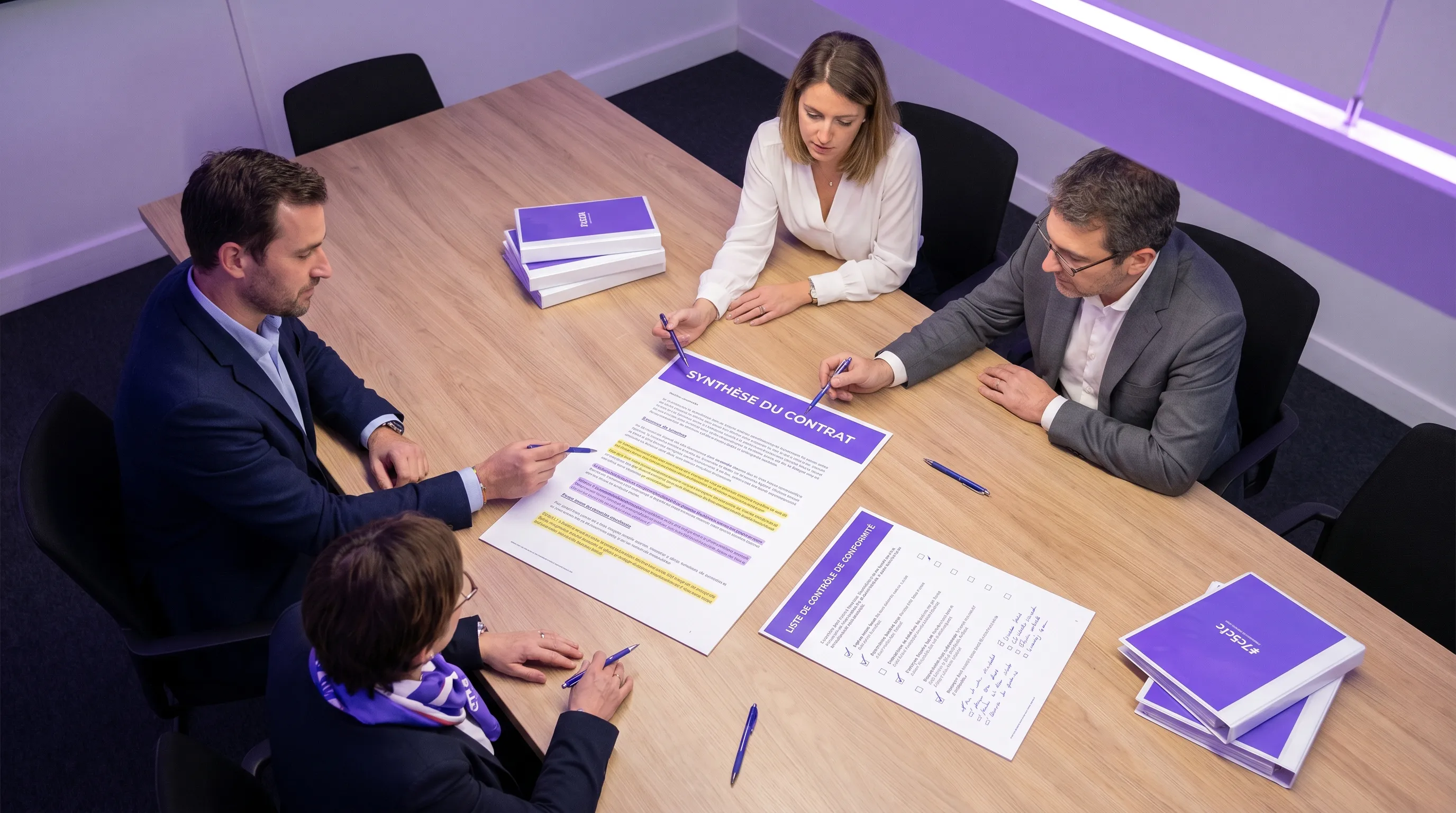 An executive team and a legal manager examine a printed contract summary, with annotated documents, highlighted clauses, and a compliance checklist on the table, viewed from a slight high angle in a meeting room.