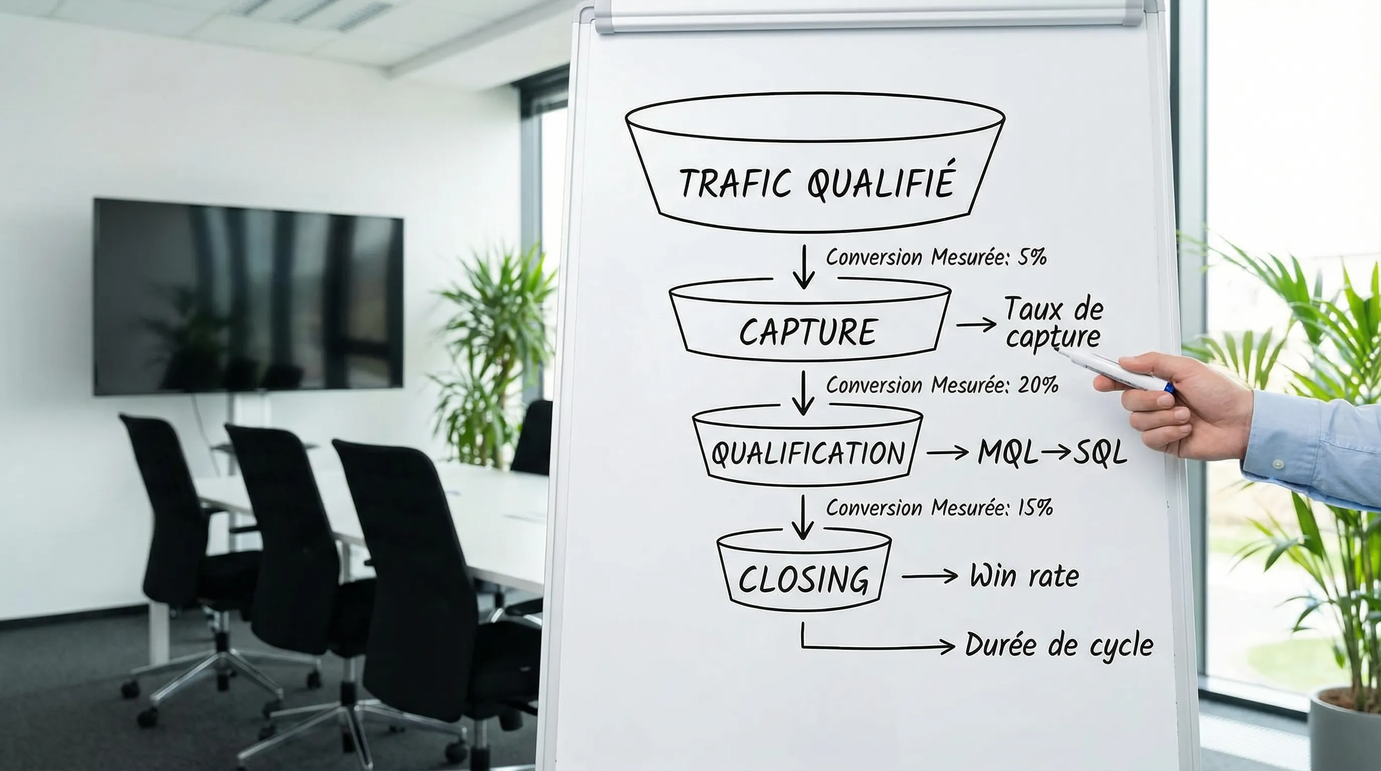 Simple diagram of a minimal 4-step B2B sales funnel (Qualified traffic, Capture, Qualification, Closing) with measured conversions between each step and some KPI examples (capture rate, MQL→SQL, win rate, cycle length).