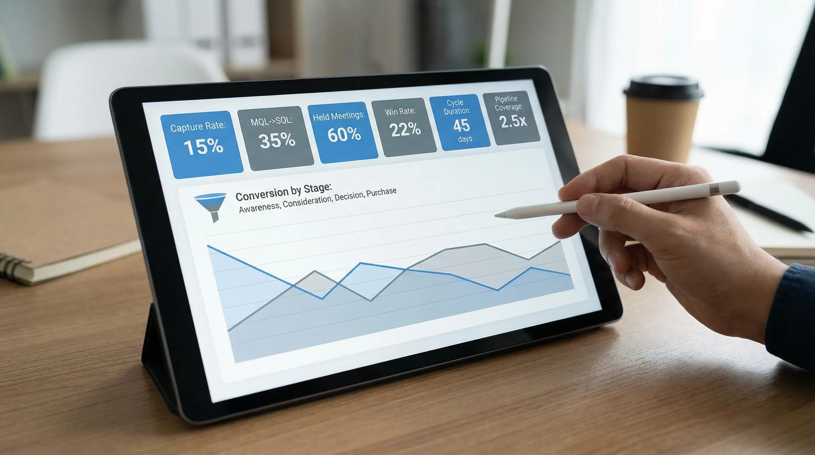 Illustration of a simple B2B funnel dashboard with 6 KPI tiles (capture rate, MQL→SQL, meetings held, win rate, cycle length, pipeline coverage) and a mini conversion chart per step.