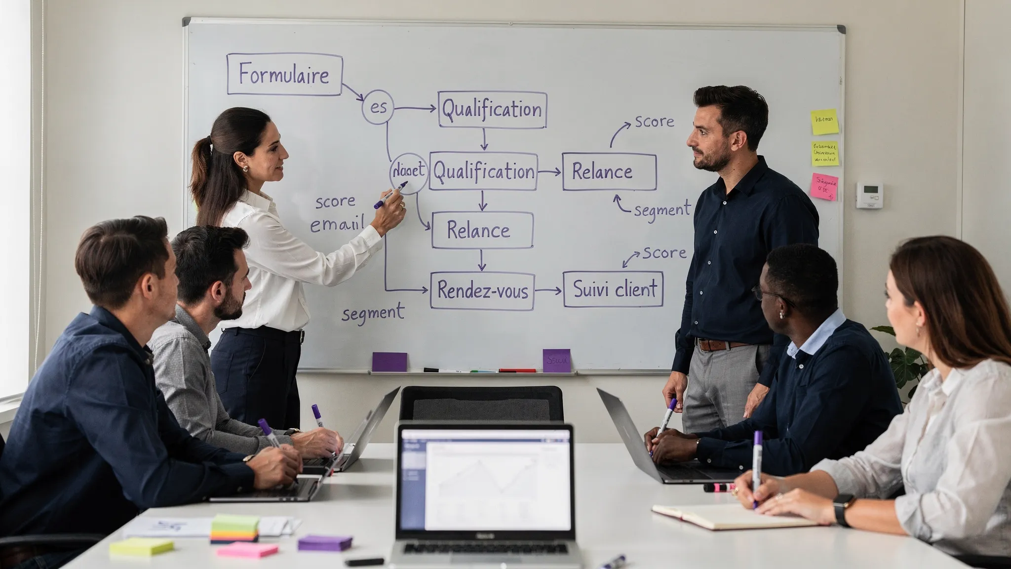 An SME team organizes marketing automation scenarios on a whiteboard, with steps like form, qualification, follow-up, meeting, and customer follow-up.