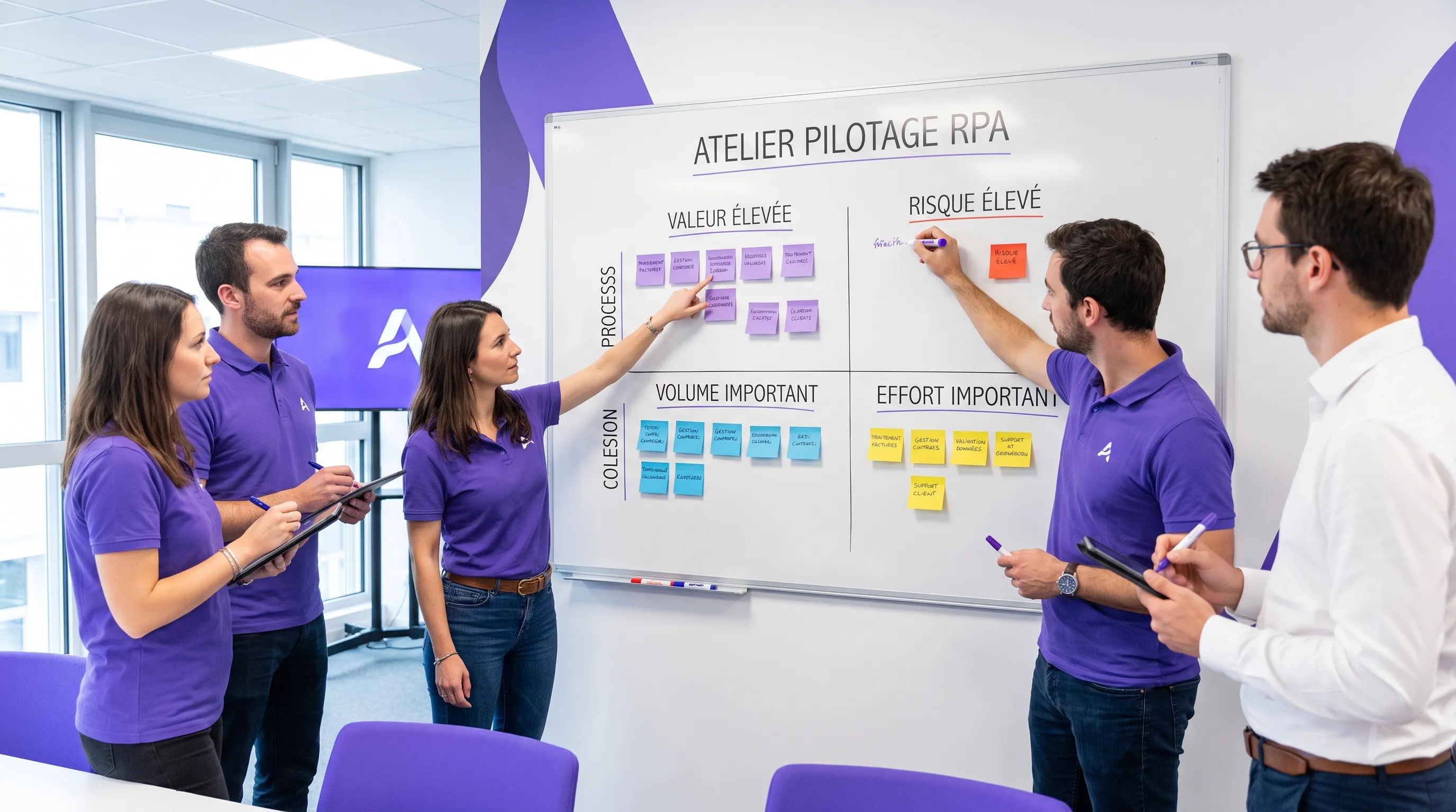 Une équipe opérationnelle anime un atelier de pilotage RPA autour d’un tableau mural classant des processus métiers selon la valeur, le risque, le volume et l’effort.