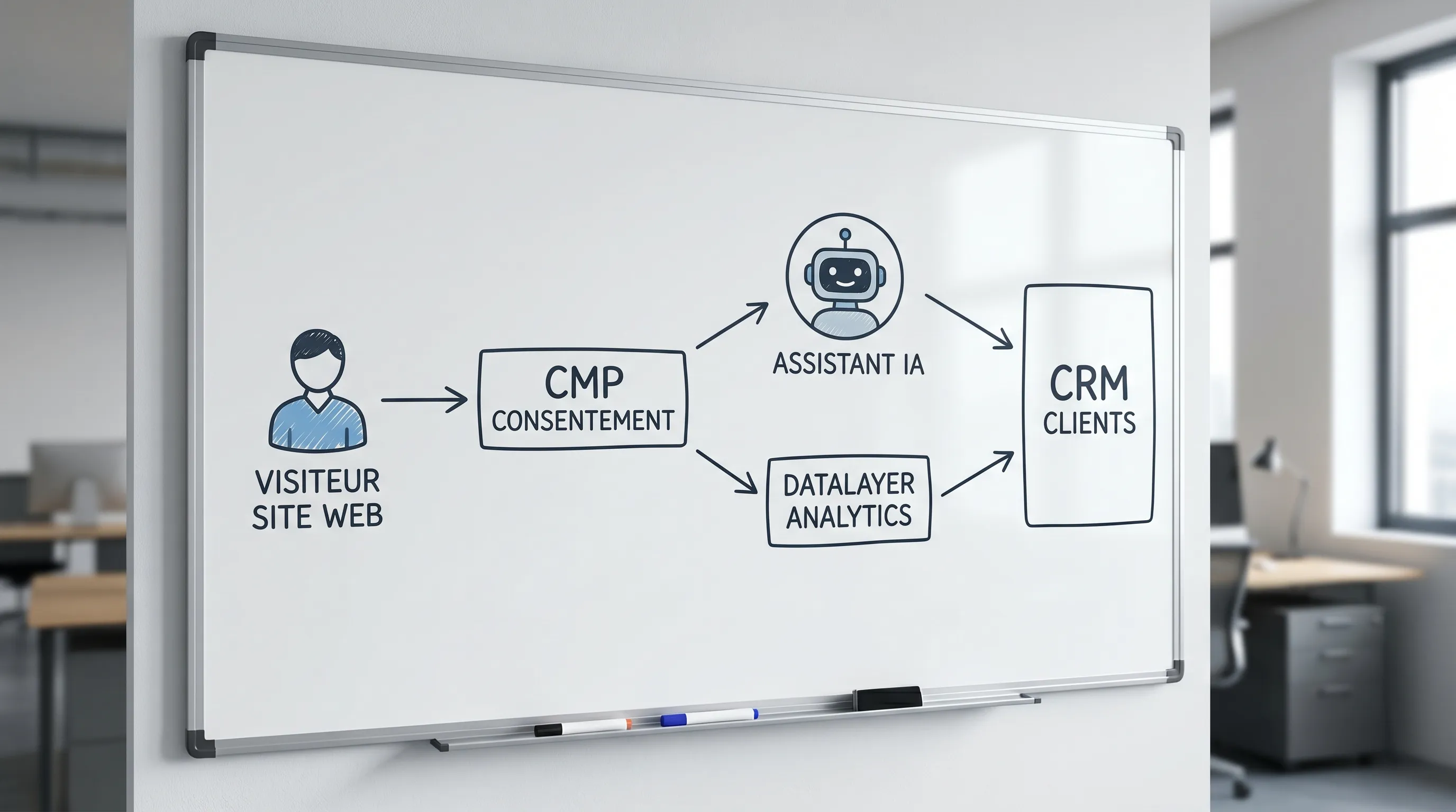 Simple diagram showing a visitor on a website, a consent CMP, an AI assistant, an analytics dataLayer, and a CRM connected by clean tracking arrows.