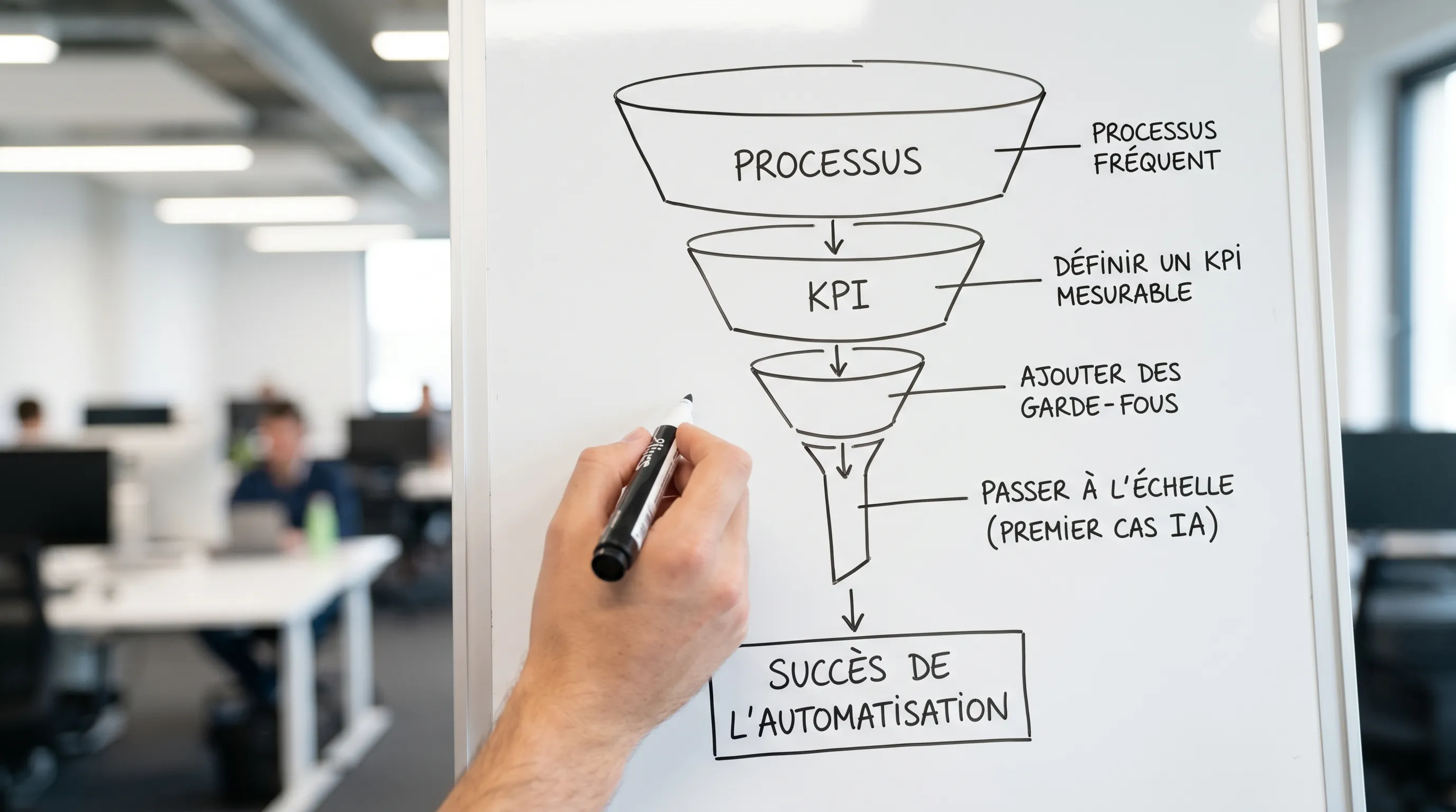 Illustration of a simple funnel showing how to choose a first AI automation use case starting from a frequent process, defining a measurable KPI, then adding guardrails before scaling.