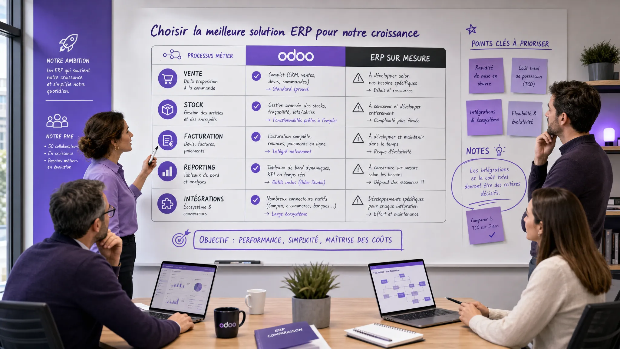 An SME management team compares two ERP options on a large wall board, with an Odoo column, a custom ERP column, business flows like sales, inventory, billing, and reporting, and prioritization notes around integrations and total cost.