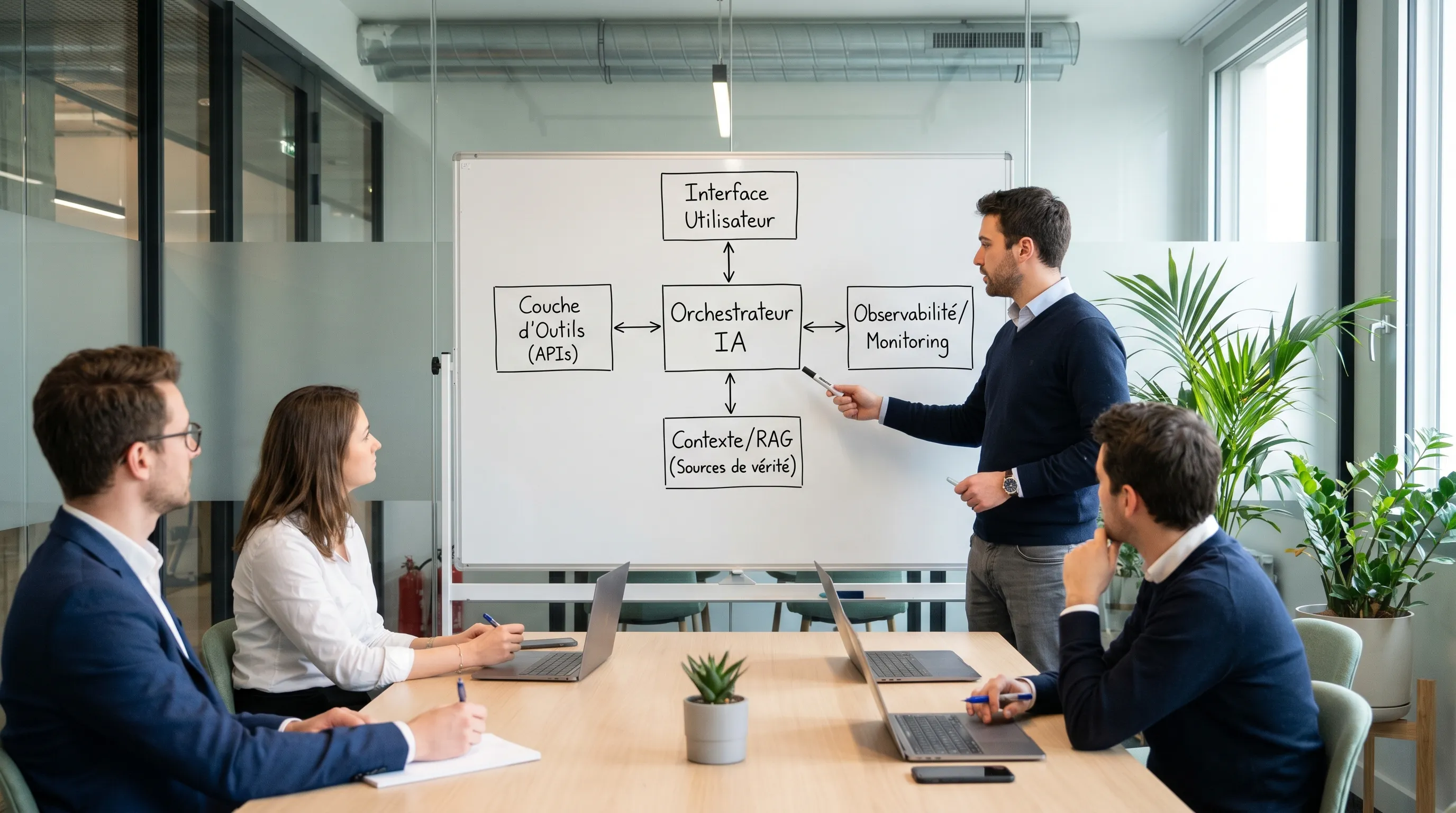 Simple diagram of an enterprise AI product showing 5 blocks: user interface, AI orchestrator, tools layer (APIs), context/RAG (sources of truth), and observability/monitoring.