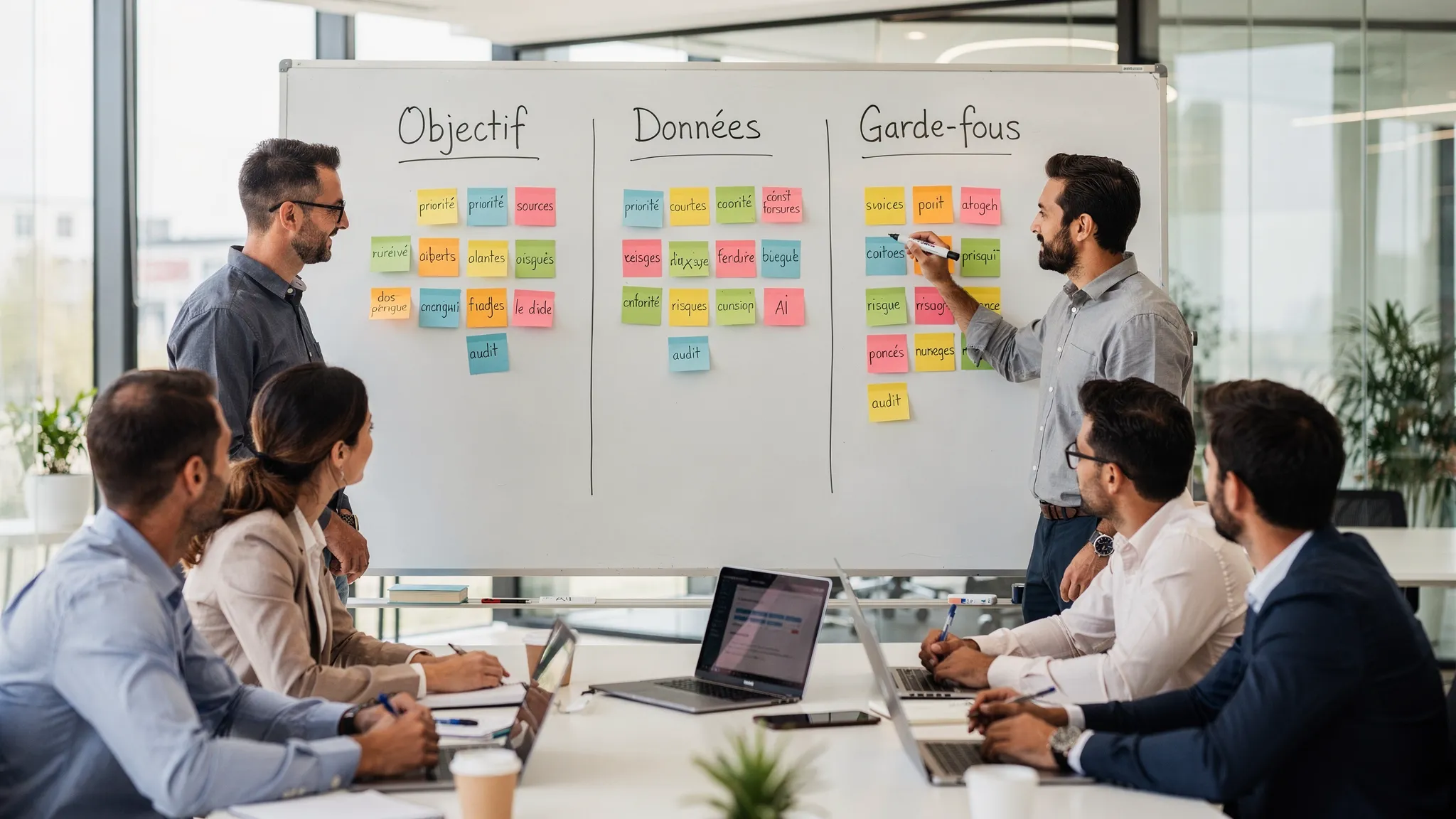 A team meeting around a whiteboard, discussing an AI use case. On the board, we see three columns "Objective", "Data", "Guardrails" and post-its representing decisions.