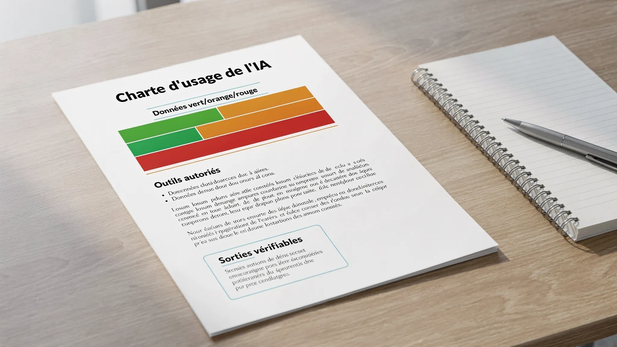A one-page AI usage charter, with a "Green/Orange/Red Data" box, an "Authorized Tools" section, and a "Verifiable Outputs" insert. The page is placed on a desk next to a notebook.