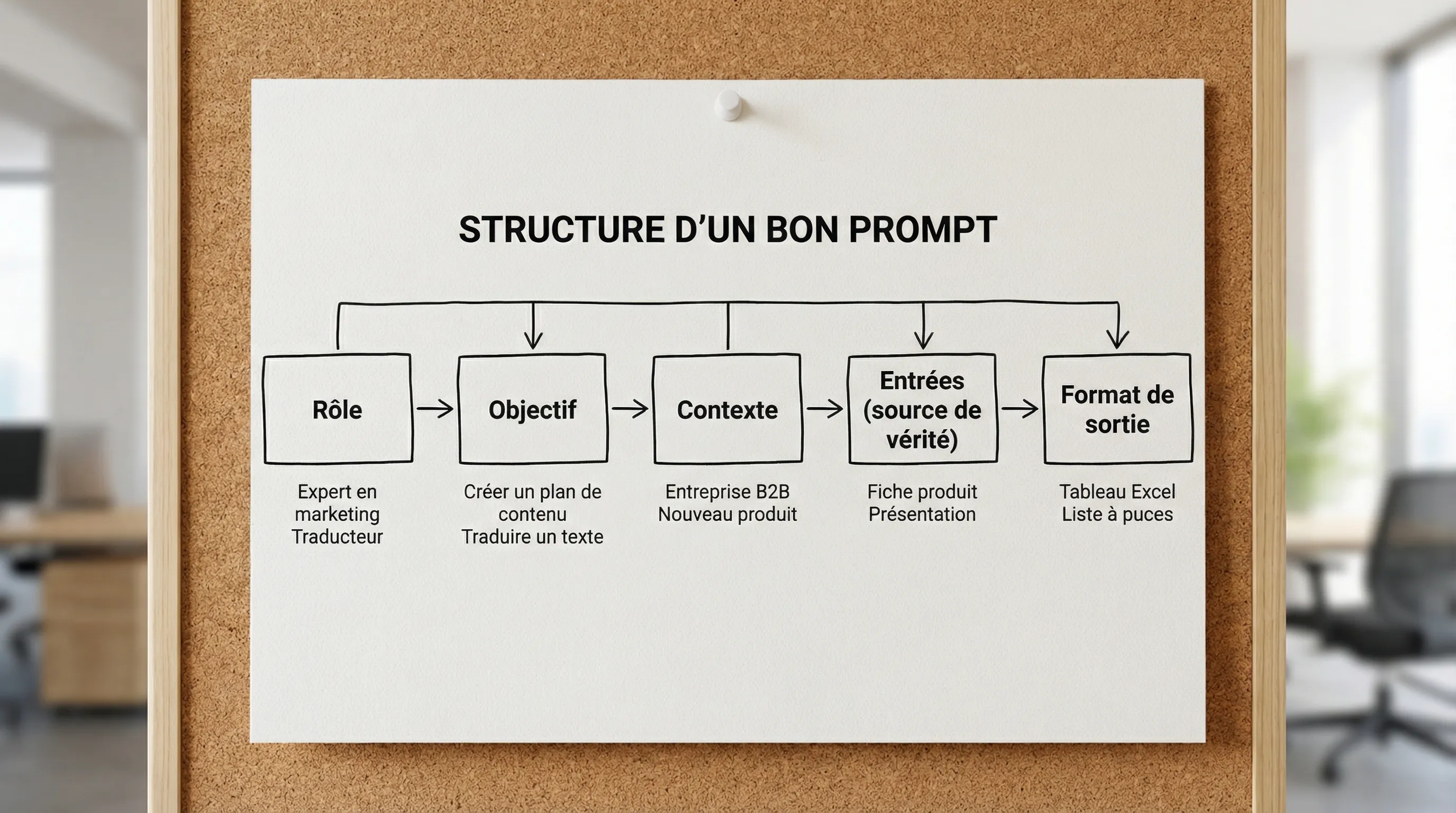 Schéma simple montrant la structure d’un bon prompt en 5 blocs : Rôle, Objectif, Contexte, Entrées (source de vérité), Format de sortie. Chaque bloc contient 1 à 2 exemples courts.