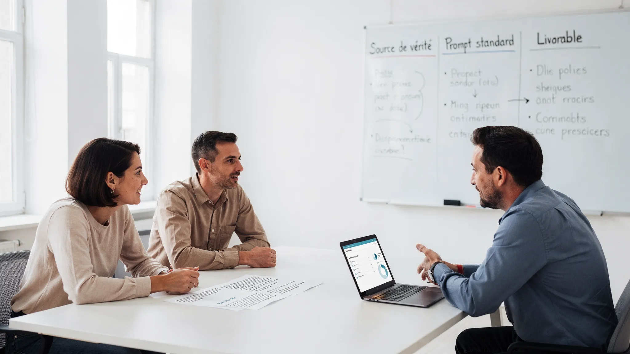 Une scène de bureau montrant une petite équipe en réunion autour d’une table, avec un document imprimé et un ordinateur portable ouvert orienté vers eux. Sur un tableau, on voit trois colonnes : “Source de vérité”, “Prompt standard”, “Livrable”.