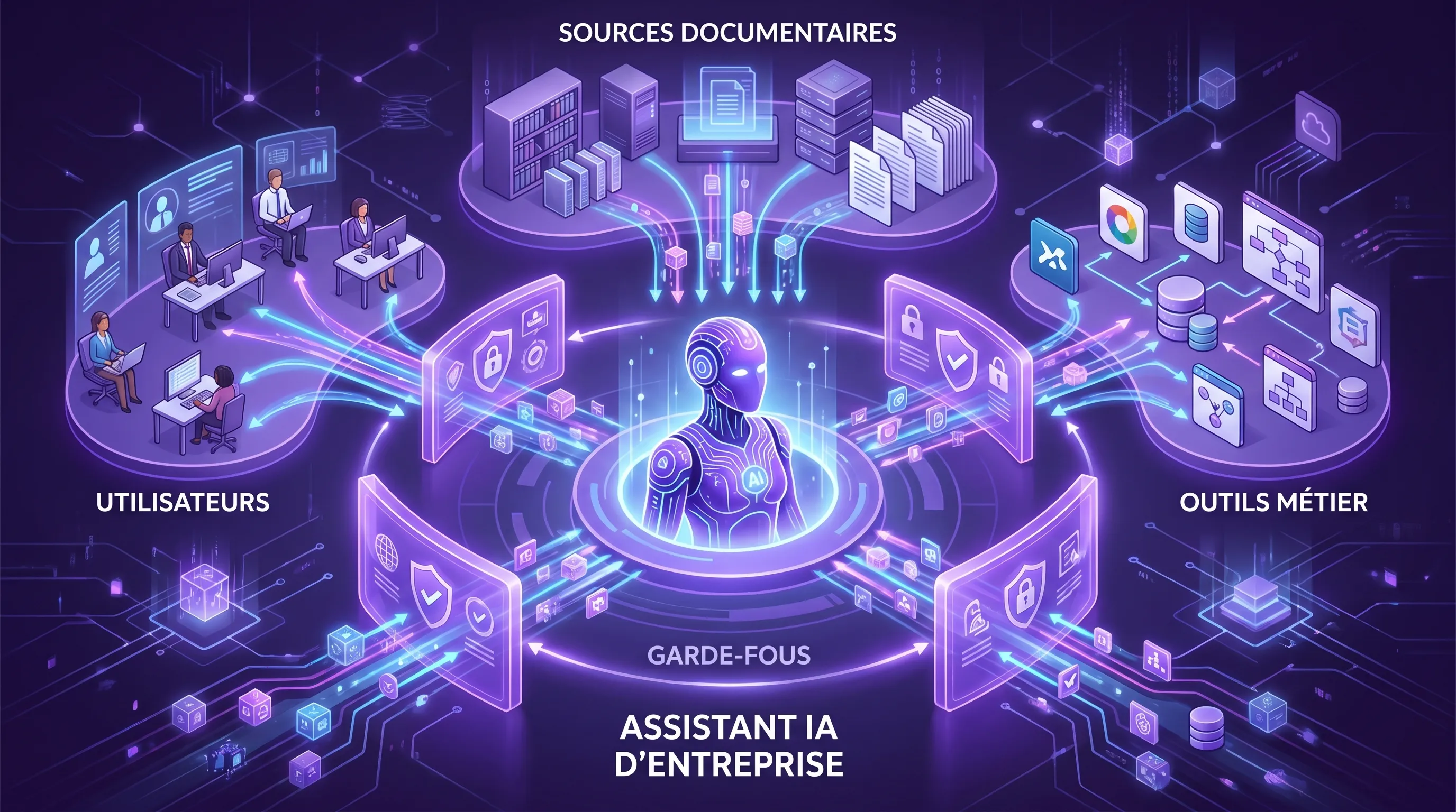 An enterprise AI assistant at the center of a secure flow, with three distinct zones around it: users, document sources, and business tools. Guardrails filter data, permissions, and actions before any response or execution.