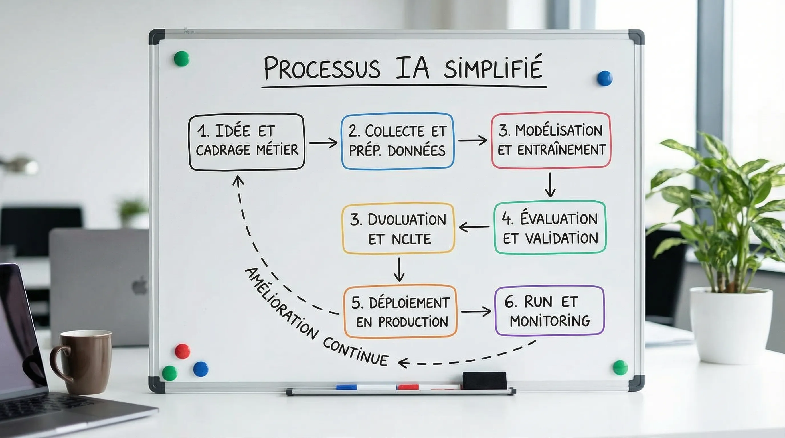 Schéma simple d’un processus IA en 6 étapes, allant de l’idée et du cadrage métier jusqu’au déploiement en production et au run, avec une boucle d’amélioration continue.