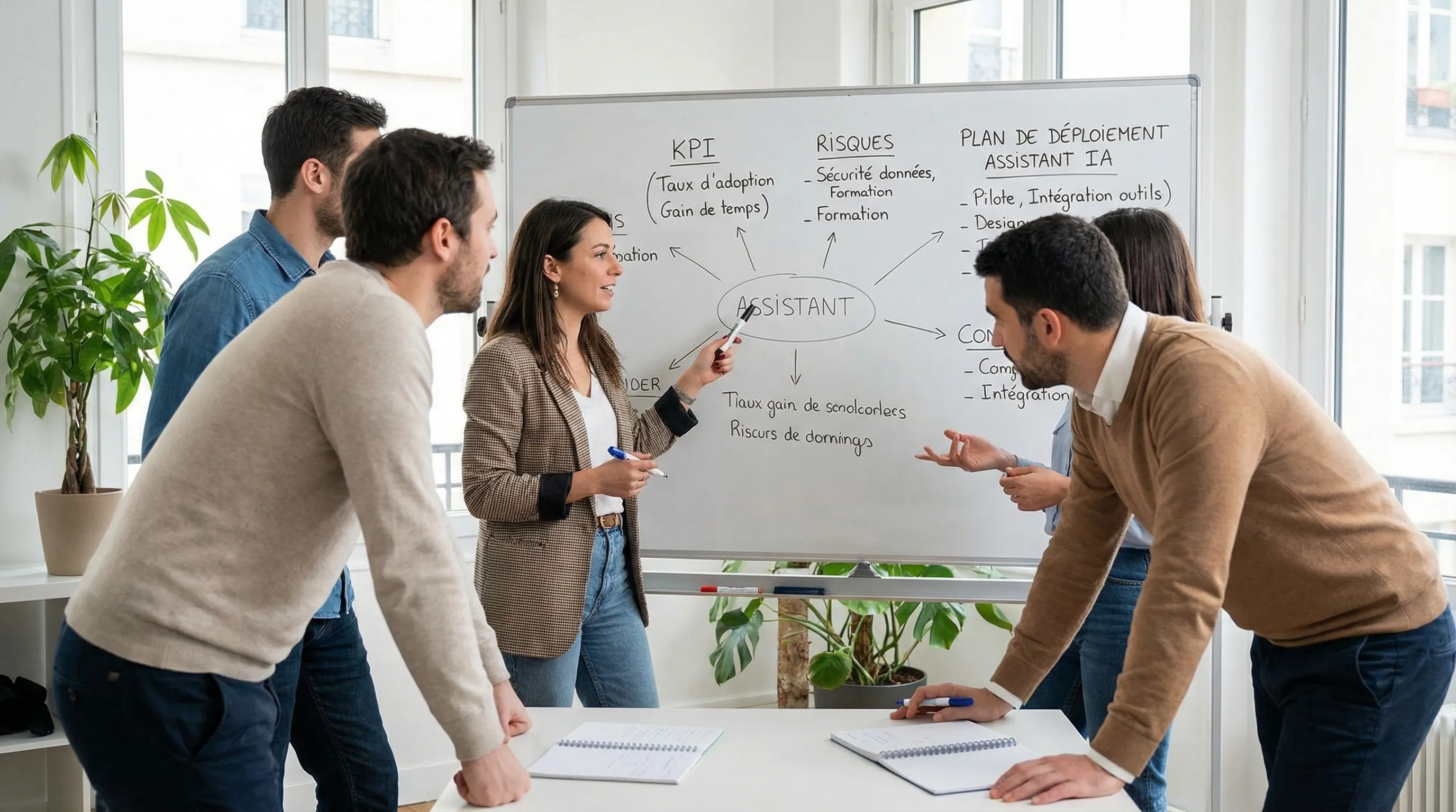 Illustration d’une équipe PME en réunion autour d’un tableau blanc, discutant KPI, risques et plan de déploiement d’un assistant IA intégré à leurs outils, sans écrans visibles.