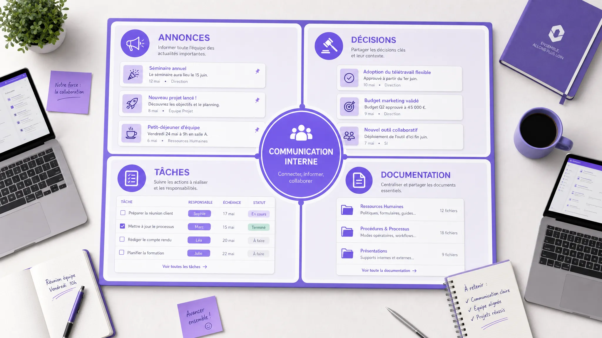 Un tableau central organise la communication interne d’une PME en quatre zones distinctes : annonces, décisions, tâches et documentation. Quelques ordinateurs portables et carnets entourent le tableau, mais la composition reste centrée sur une structure claire et des usages bien séparés.