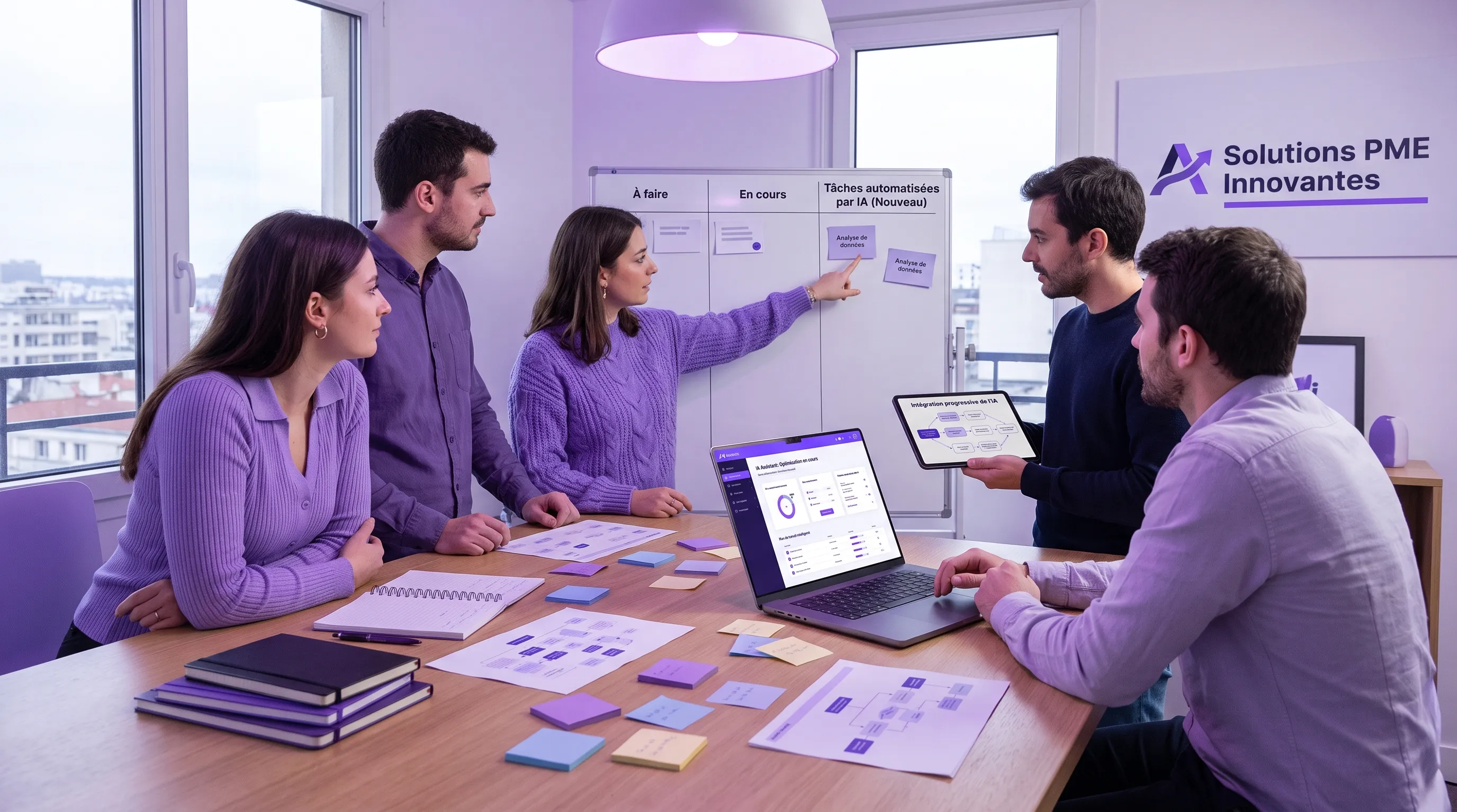 An SME team works around a table with process notes, a laptop open in the right direction, and visible task boards, illustrating a gradual integration of AI into work organization.