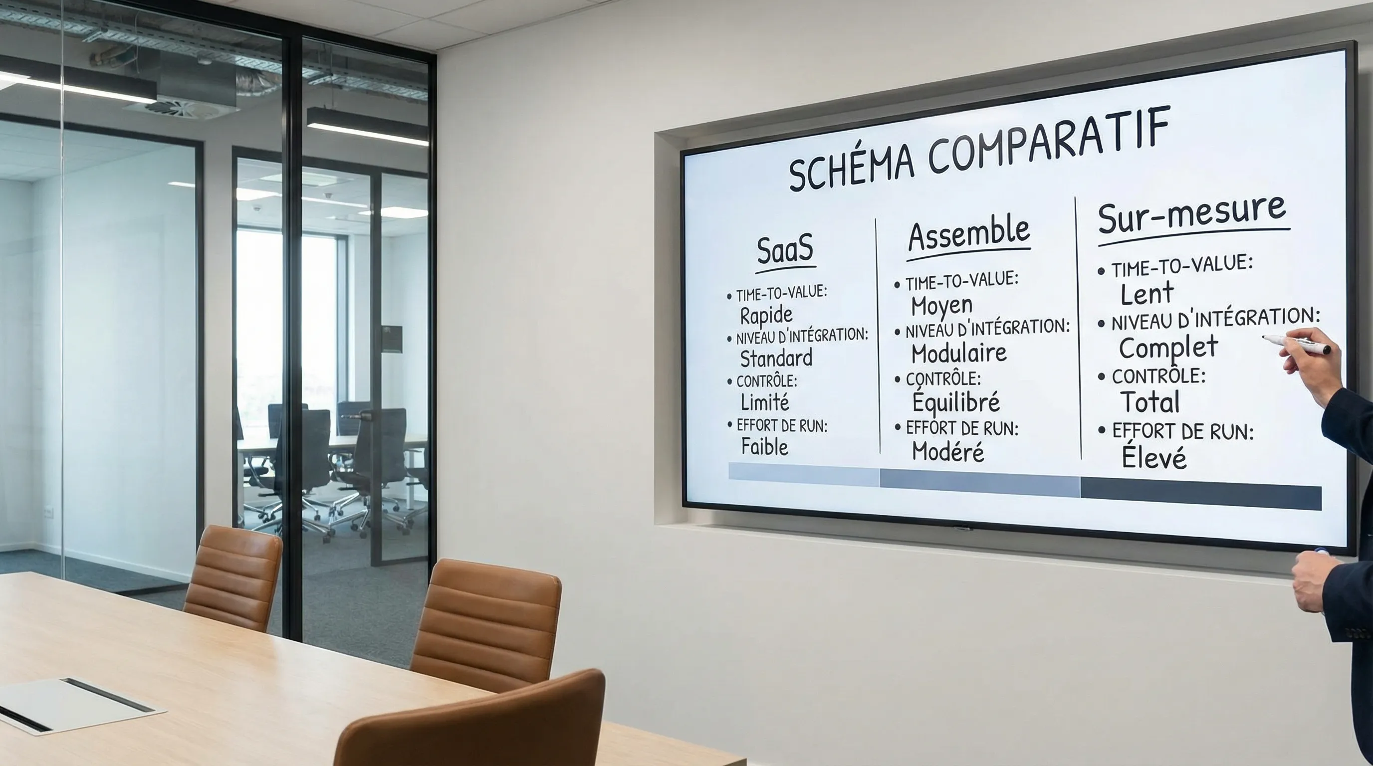 Schéma comparatif montrant trois colonnes "SaaS", "Assemble", "Sur-mesure" avec, pour chacune, les éléments clés : time-to-value, niveau d’intégration, contrôle, et effort de run.