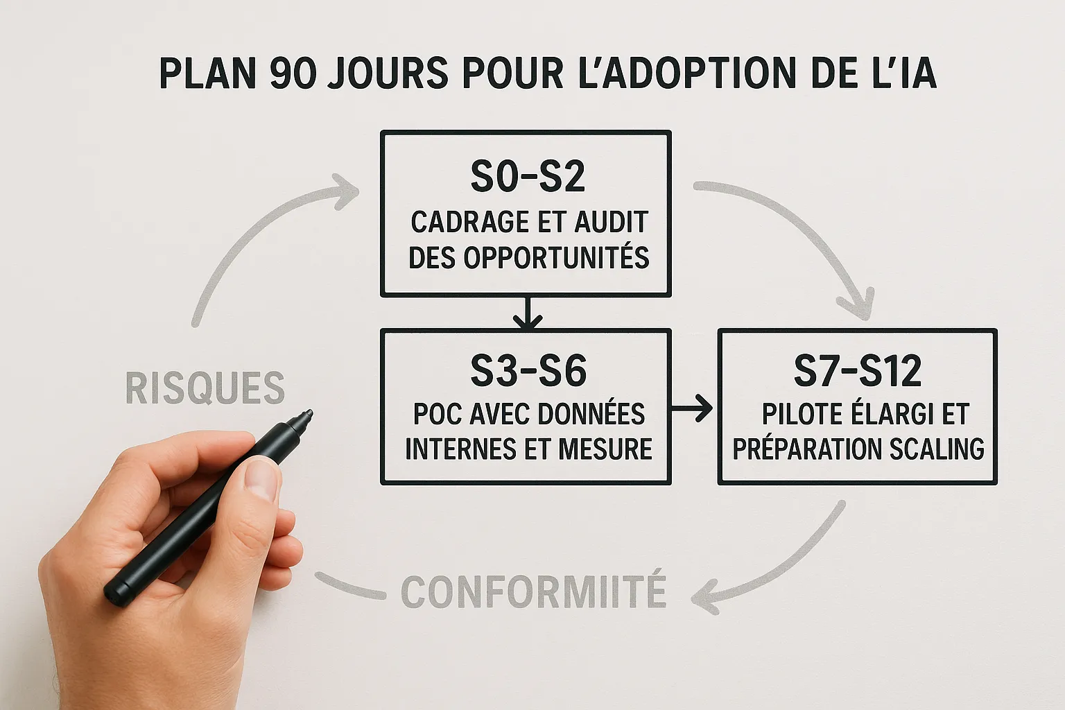 Schéma simple d’un plan 90 jours pour l’adoption de l’IA, avec trois blocs : S0-S2 cadrage et audit des opportunités, S3-S6 POC avec données internes et mesure, S7-S12 pilote élargi et préparation scaling, flèches montrant risques et conformité en filigrane.