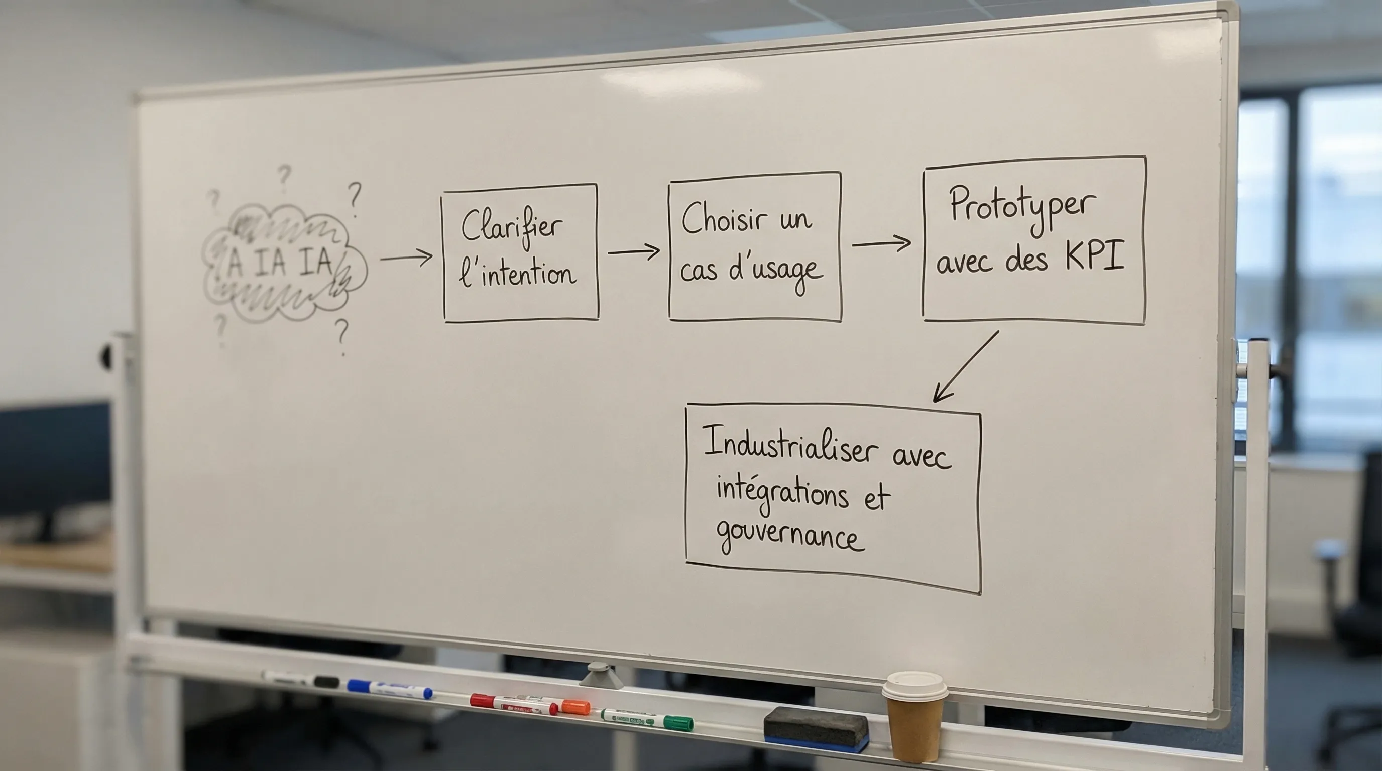 Schéma simple en 4 blocs montrant le passage d’un terme flou (“A IA IA”) vers une adoption IA structurée : Clarifier l’intention, Choisir un cas d’usage, Prototyper avec des KPI, Industrialiser avec intégrations et gouvernance.