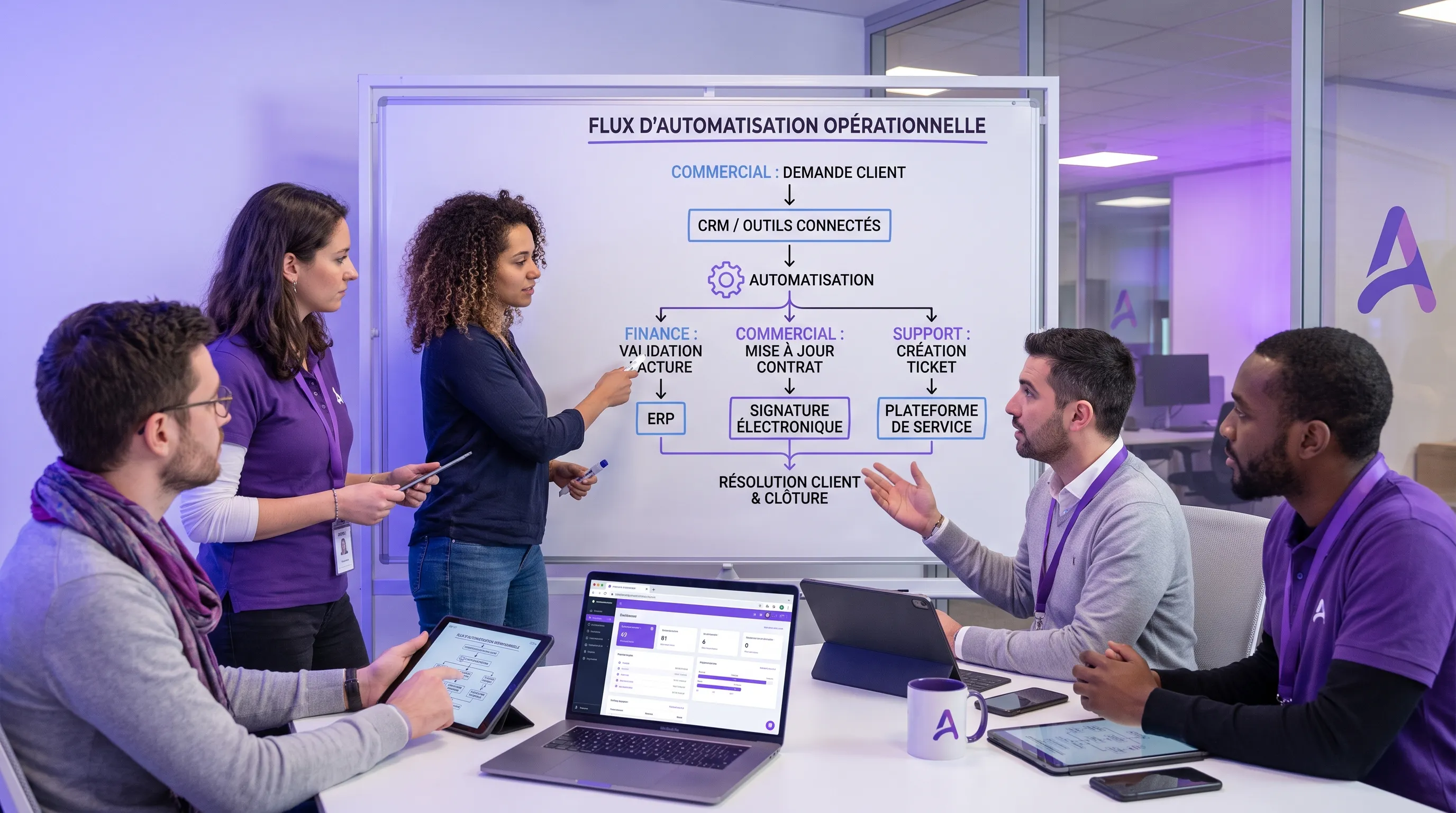 An operational team examines a business process on a whiteboard with simple steps, connected tools, and an automation flow between finance, sales, and support.