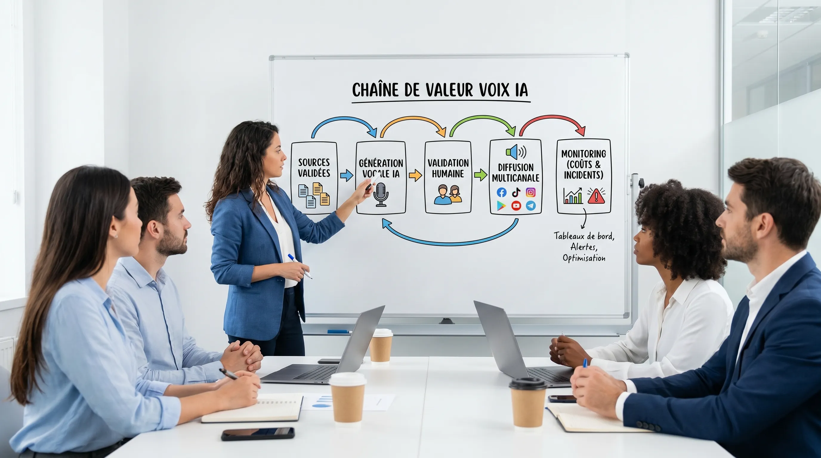 Value chain of an AI voice project showing validated sources, voice generation, human validation, multichannel distribution, and monitoring of costs and incidents.