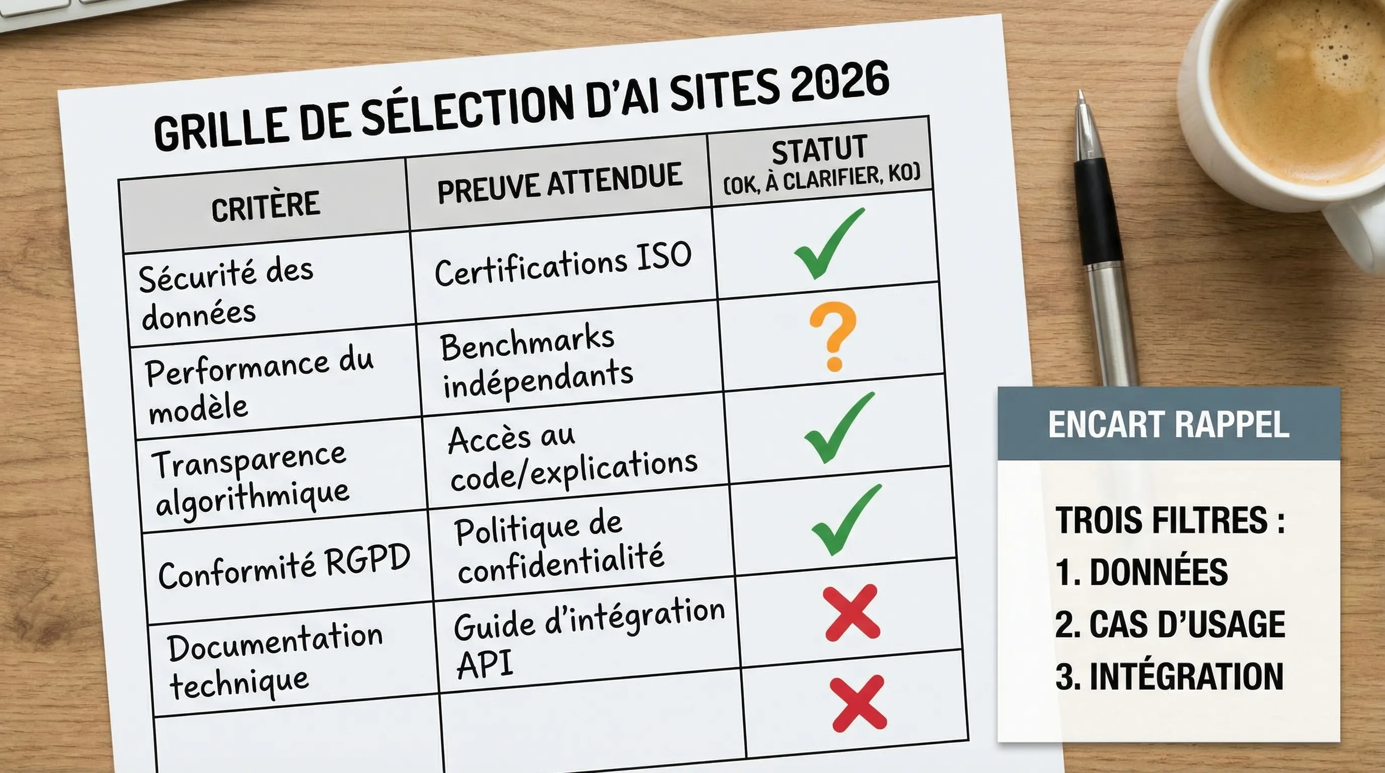 Illustration of an AI site selection grid in 2026 in the form of a simple scoring table, with columns Criterion, Expected Proof, and Status (OK, To Clarify, KO), and an insert recalling the three filters: data, use case, integration.