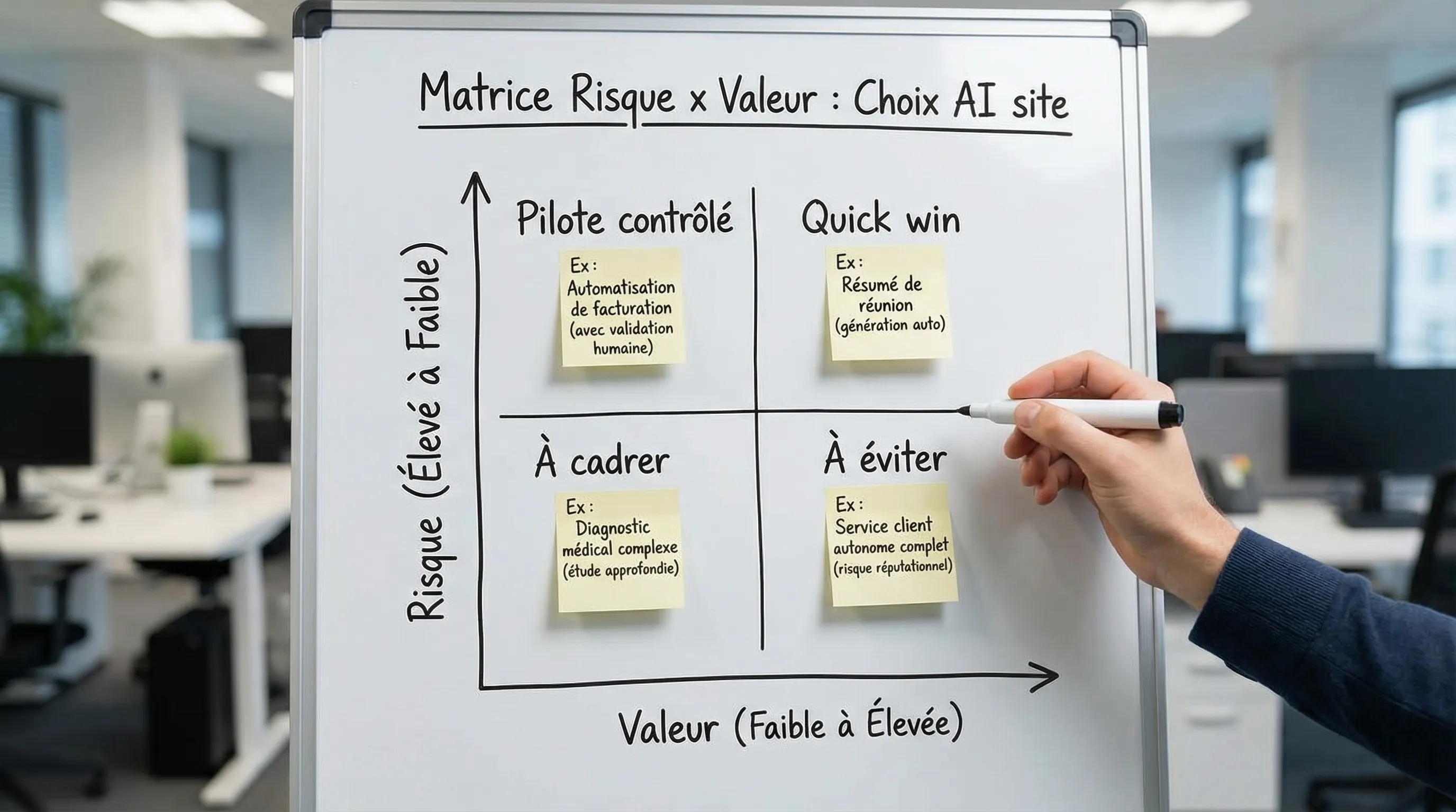 Simple diagram of a Risk x Value matrix to choose an AI site: four quadrants (Quick win, Controlled pilot, To avoid, To frame), with examples of use cases like "meeting summary" and "billing automation".