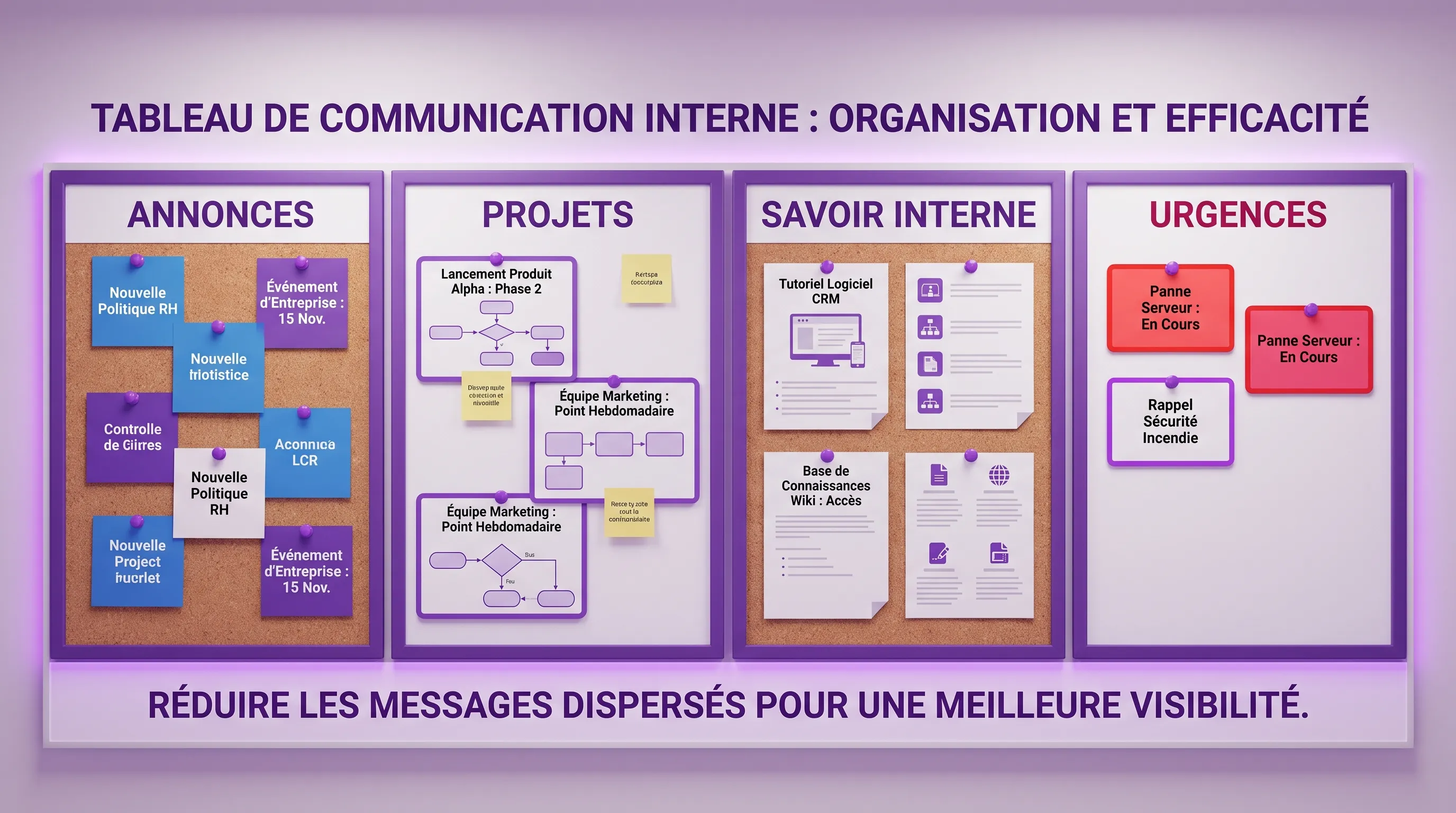 A wall board organized into four internal communication zones: announcements, projects, internal knowledge, and emergencies, with clearly separated cards to show how to reduce scattered messages.
